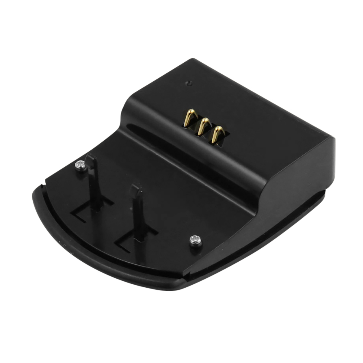 Eine schwarze Ladestation mit zwei Stiften und drei goldfarbenen Pins. Zwei Schrauben sind sichtbar.
