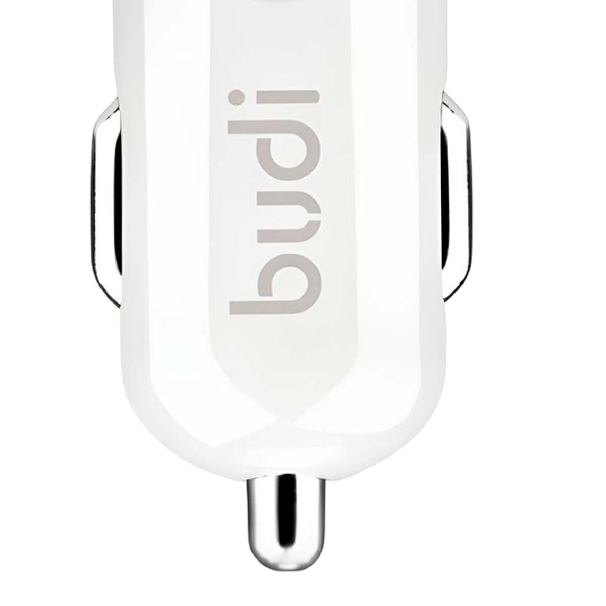 Un caricabatterie per auto bianco con il marchio 'budi' stampato sopra. Il caricabatterie ha una porta USB in basso.
