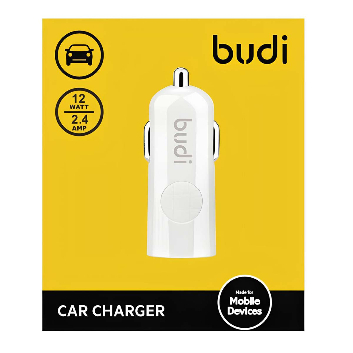 Un caricabatterie per auto bianco con il marchio 'budi'. La confezione è gialla, con icone e testo che ne indicano l'uso e le specifiche.