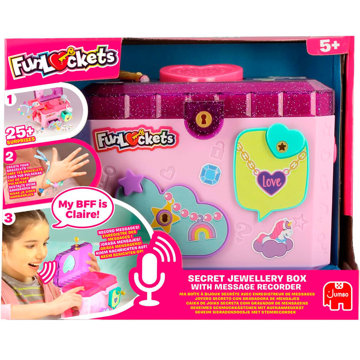 Una caja de joyas Fun Lockets rosa con grabadora de mensajes y una niña. Incluye pulseras y sorpresas.