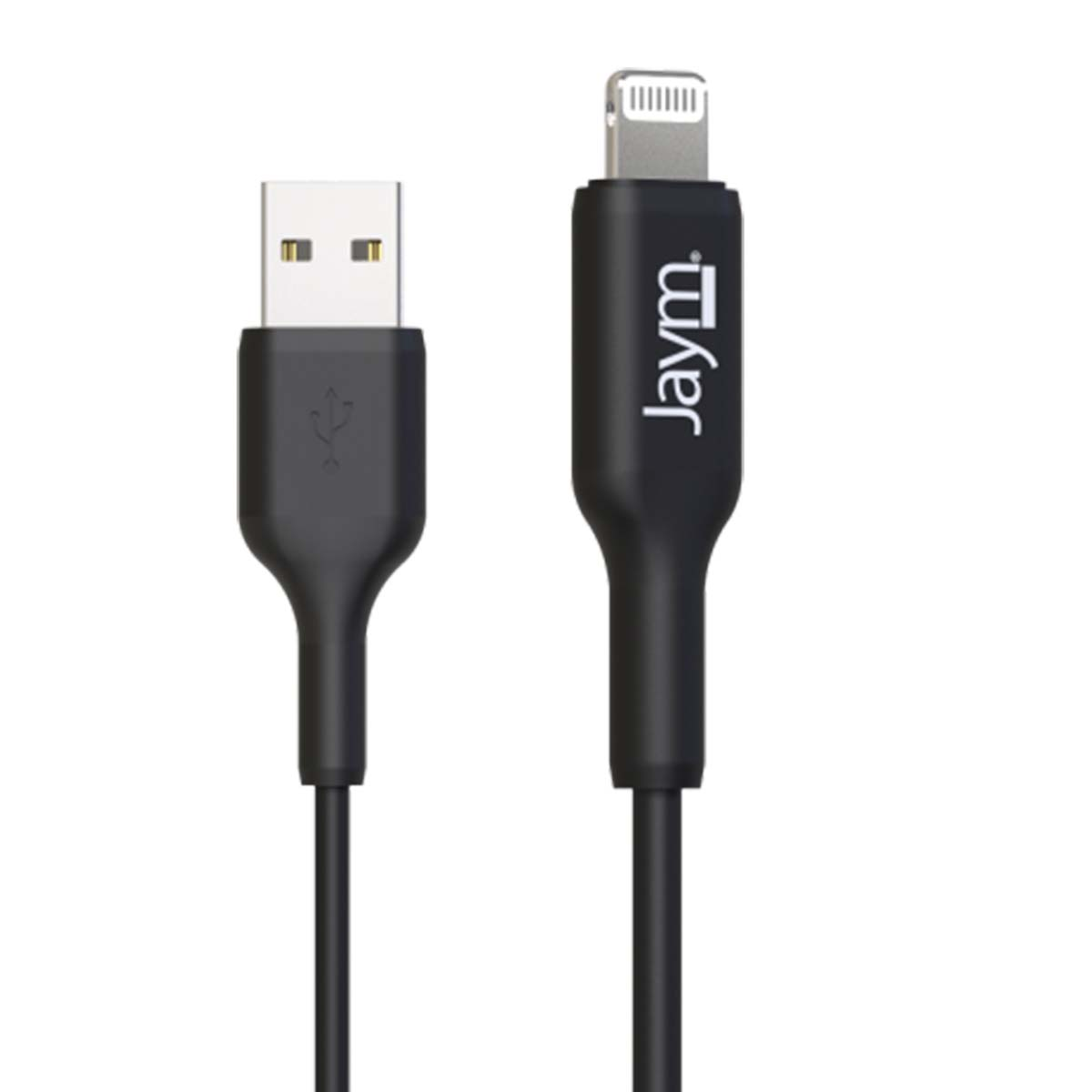 Un cable negro Jaym de USB a Lightning. El extremo USB está a la izquierda, el extremo Lightning a la derecha. Ambos extremos son negros.
