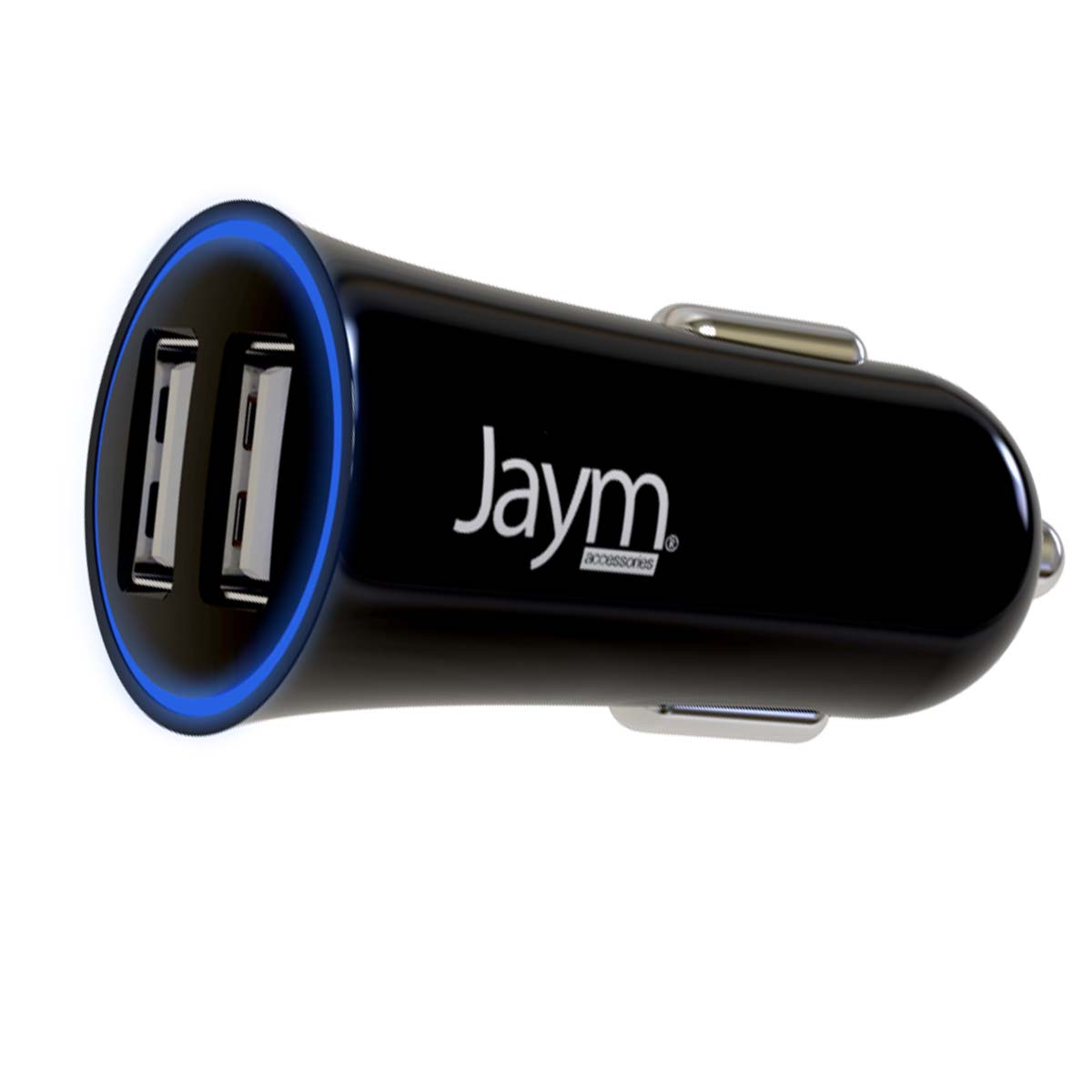 Un cargador de coche negro con dos puertos USB. Tiene una luz azul alrededor de los puertos y el logotipo de Jaym. Fondo blanco.