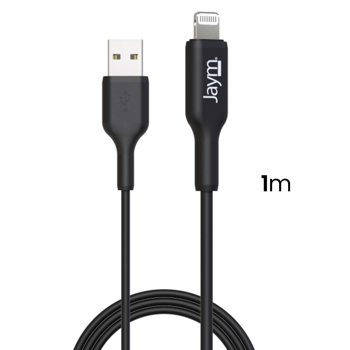 Un cable de carga Jaym negro con conectores USB y Lightning. El cable mide 1 metro.