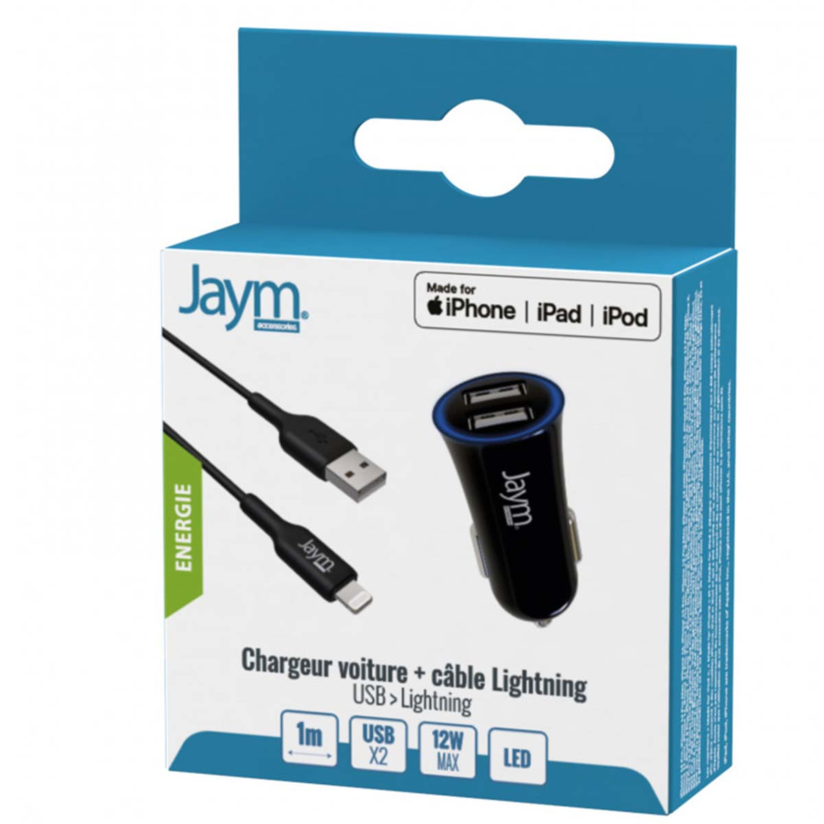 Una caja con un cargador de coche y un cable Lightning. Es negro y tiene el logotipo 'Jaym'. La caja es azul y blanca.
