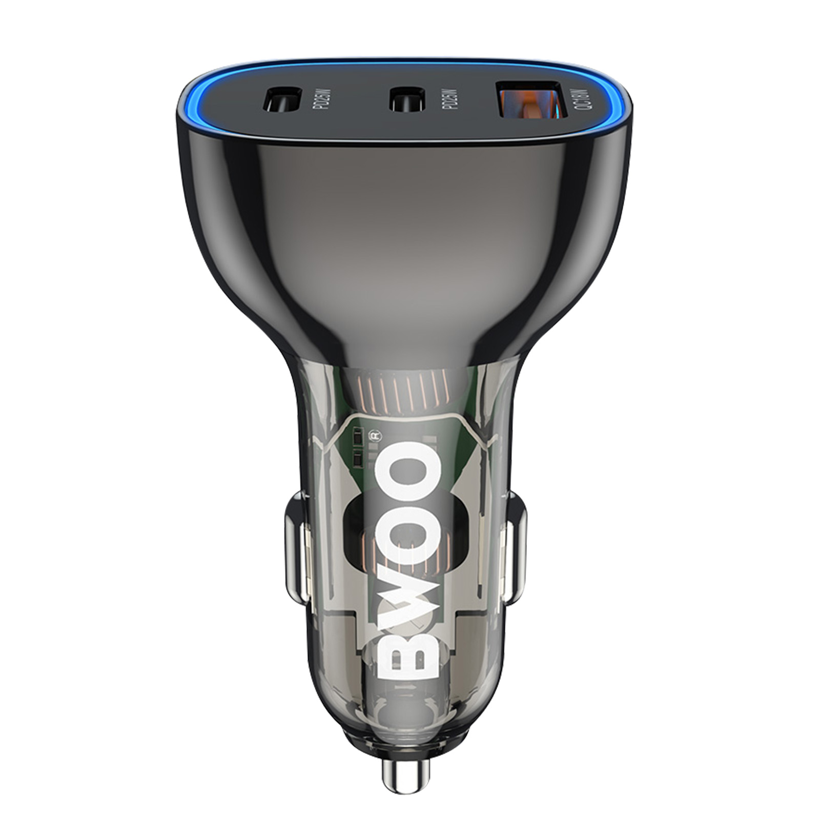 Un caricabatterie per auto nero con tre porte e una luce blu. Il caricatore ha una sezione trasparente con "BWOO".