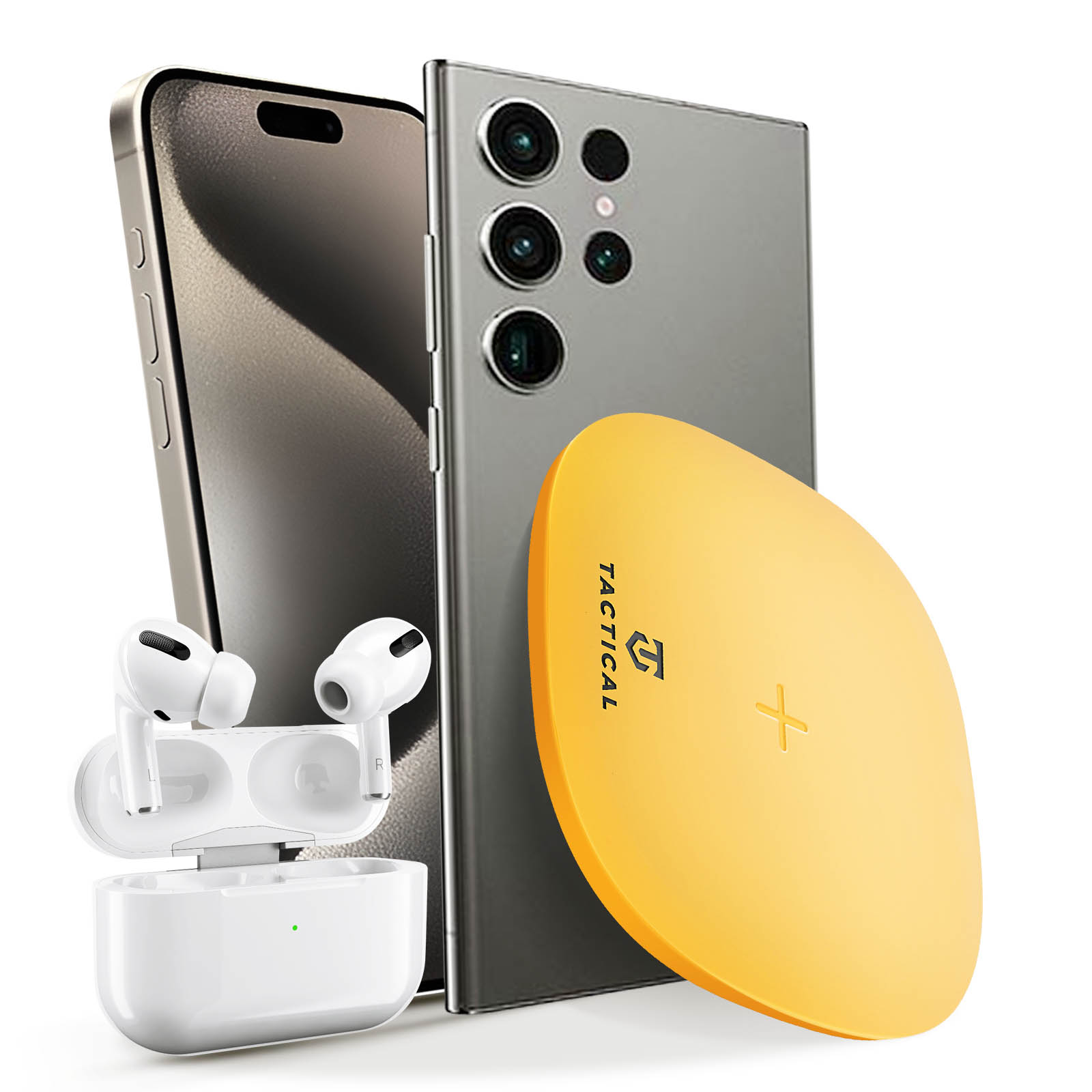Das Bild zeigt ein Telefon, ein kabelloses Ladegerät, AirPods und ein Smartphone. Das Ladegerät ist gelb mit Logo.