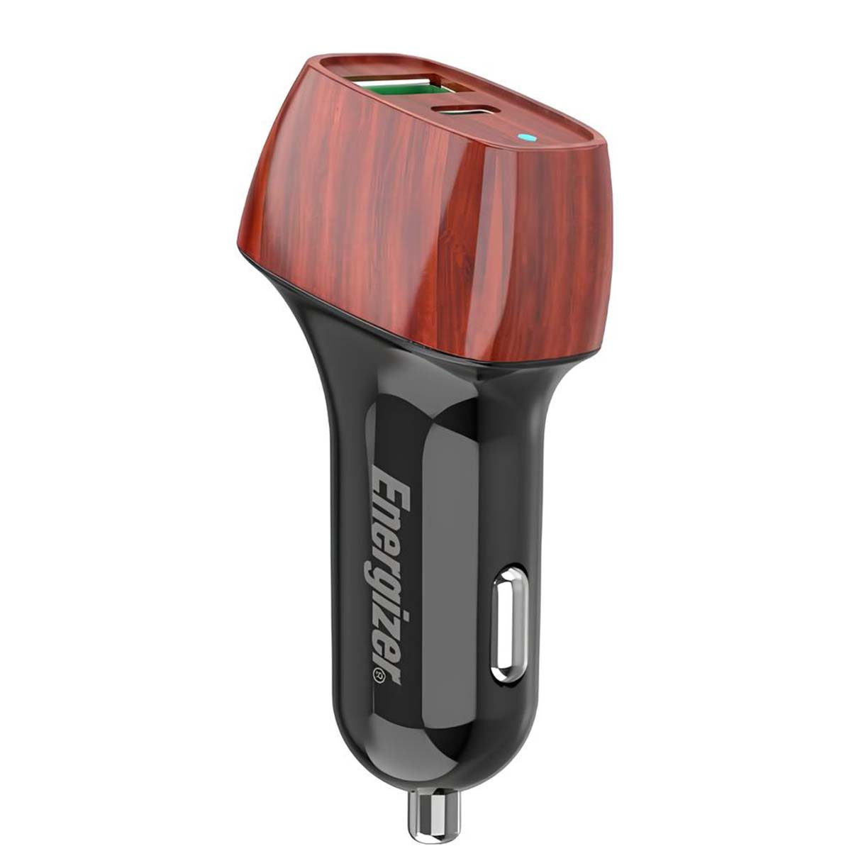 Ein Energizer-Autoladegerät. Es hat eine holzähnliche Oberseite, einen schwarzen Körper und einen USB-Anschluss. Das Ladegerät befindet sich auf weißem Hintergrund.