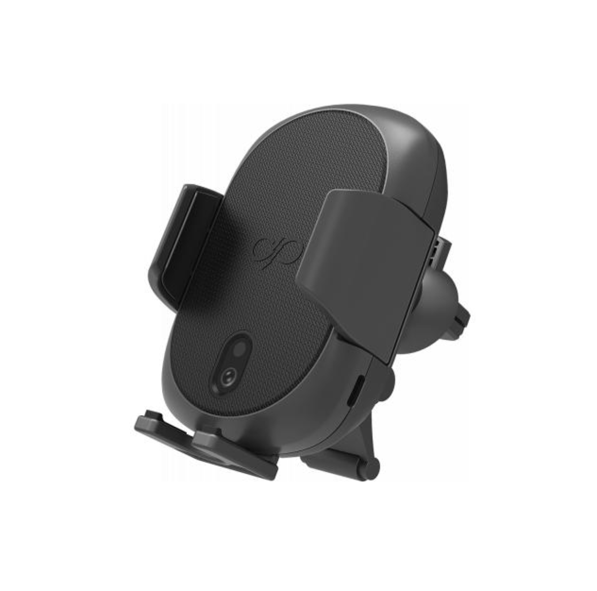 Ein schwarzer Autotelefonhalter. Er hat einen runden Halter mit zwei Armen, eine Bodenauflage und einen Lüftungsclip.