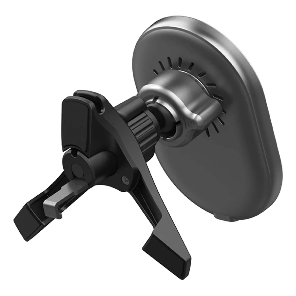 Ein schwarz-silberner Autotelefonhalter. Er hat eine Magnetbasis, ein Drehgelenk und verstellbare Arme zur Sicherung eines Telefons.