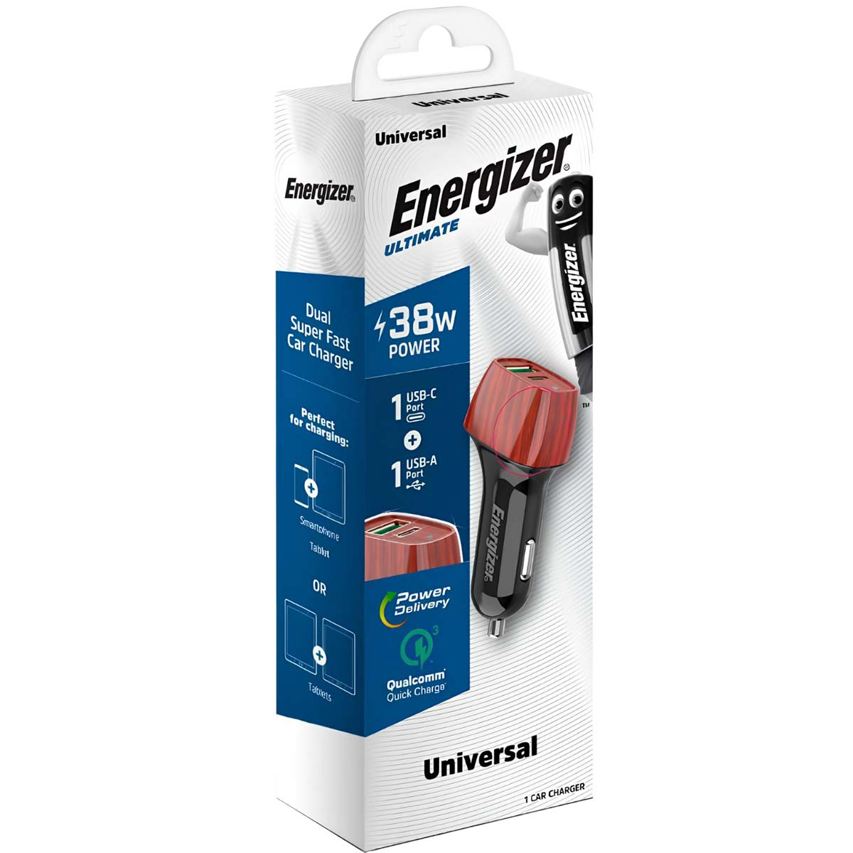 Energizer-Autoladegerätbox, weiß mit schwarzen und roten Akzenten. Verfügt über USB-C- und USB-A-Anschlüsse, Qualcomm Quick Charge und Power Delivery.