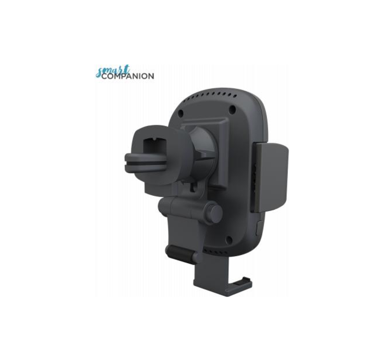 Ein dunkelgrauer Autotelefonhalter. Er hat verstellbare Arme und einen Sockel. Das Smart Companion Logo befindet sich oben links.