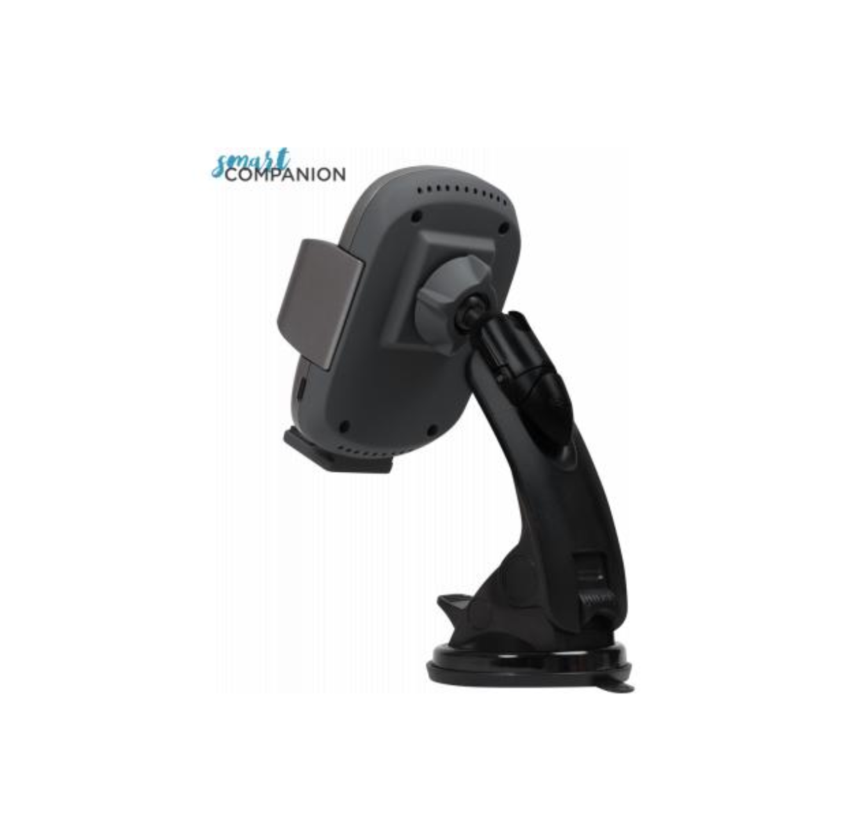 Ein Autotelefonhalter auf weißem Hintergrund. Er ist schwarz und grau, mit einem Saugnapf und der Marke 'smart companion'.