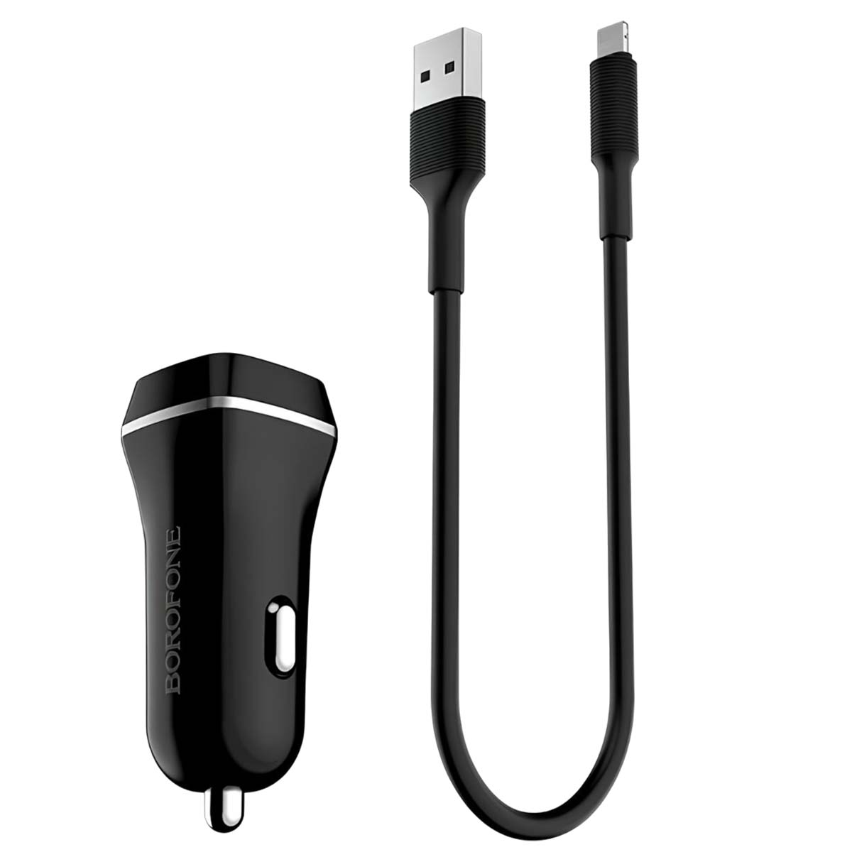 Ein schwarzes Autoladegerät mit USB-Kabel und Lightning-Kabel. Das Ladegerät hat das Borofone-Logo und eine silberne Zierleiste.