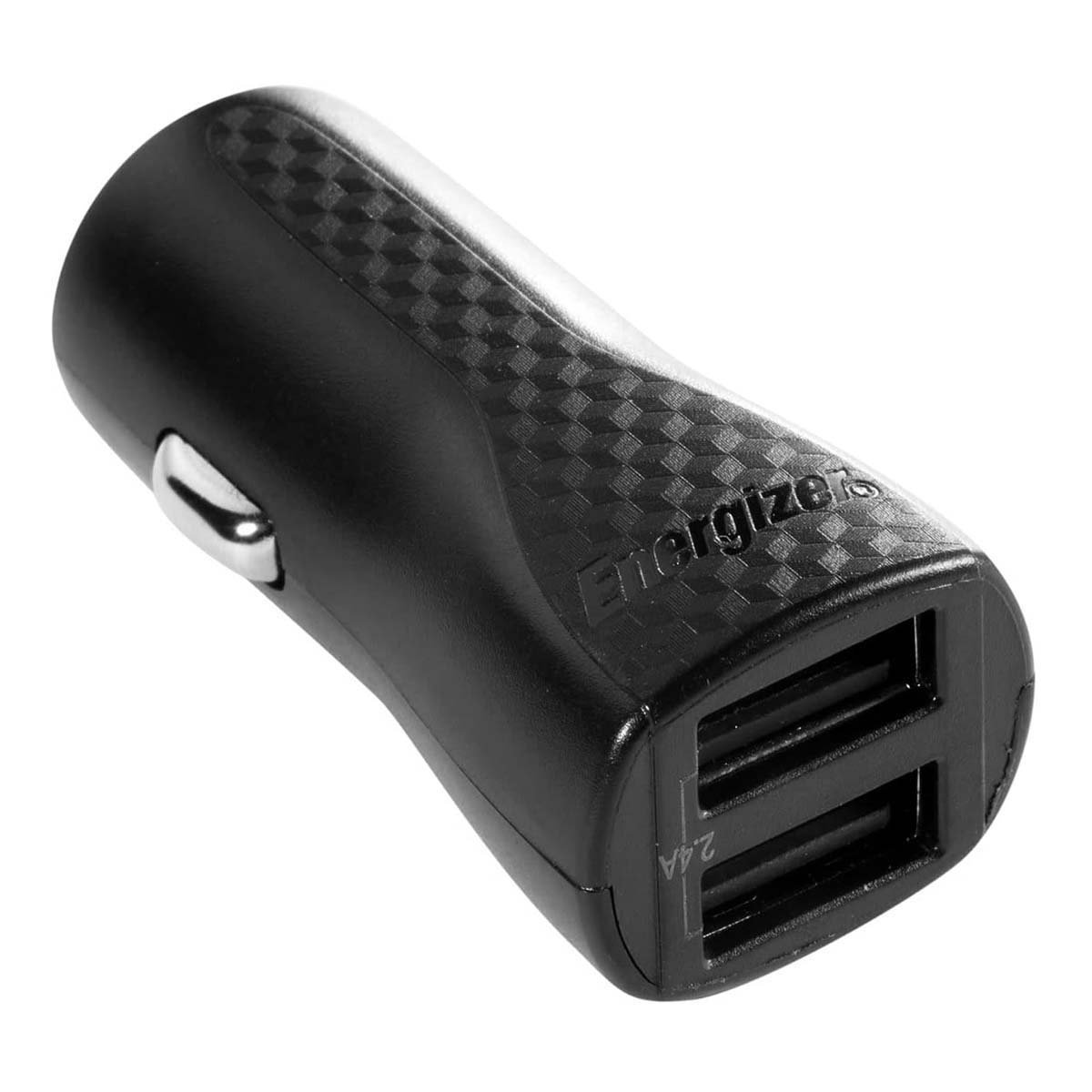 Ein schwarzes Energizer-Autoladegerät mit zwei USB-Anschlüssen. Es hat eine strukturierte Oberseite und einen silbernen Knopf an der Seite. Der Hintergrund ist weiß.