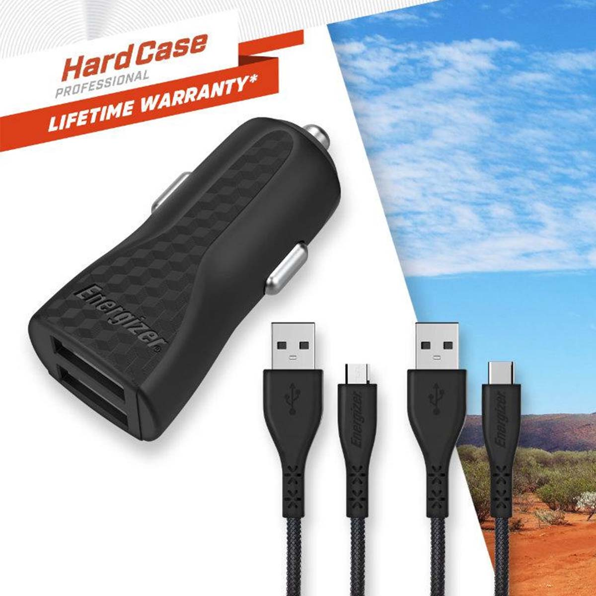 Ein schwarzes Autoladegerät mit USB-Kabeln. Text 'Hard Case' und 'Lifetime Warranty'. Hintergrund zeigt Himmel und Landschaft.
