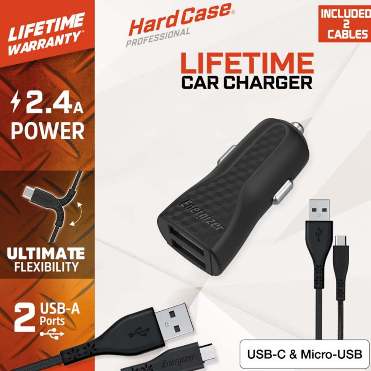 Ein schwarzes Energizer-Autoladegerät mit zwei USB-A-Anschlüssen und zwei Kabeln. Es trägt die Aufschrift 'Lifetime Car Charger'. USB-C und Micro-USB sind enthalten.