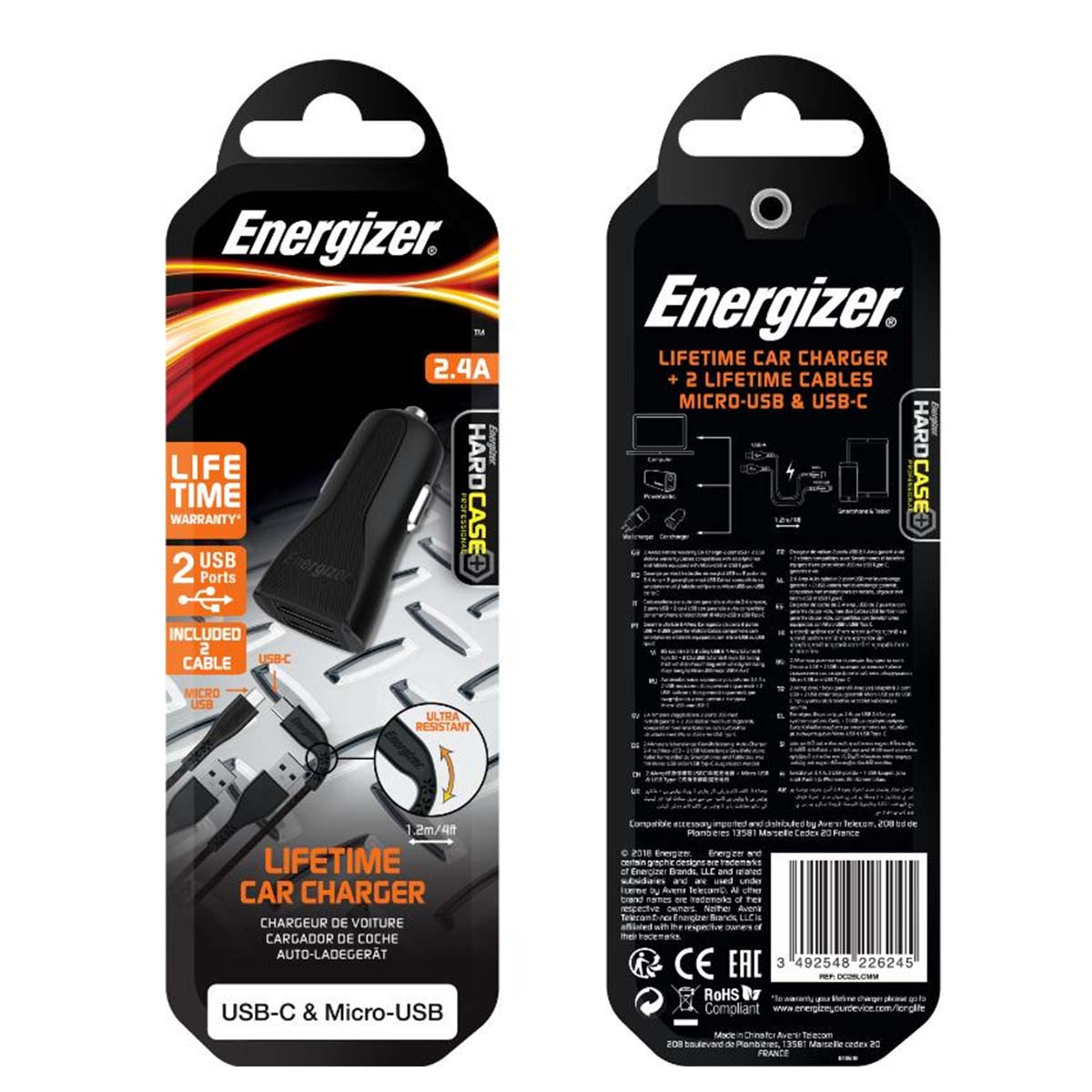Energizer-Autoladegerät-Verpackung. Schwarz und weiß, mit Produktdetails und einer Abbildung des Ladegeräts.