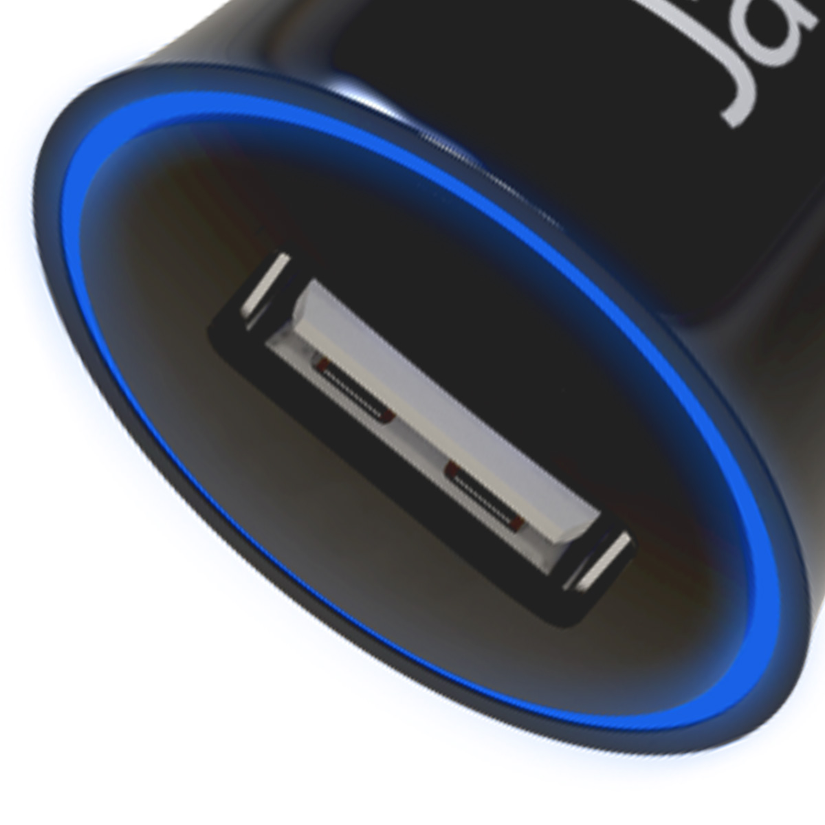 Nahaufnahme eines schwarzen USB-Ladegeräts mit blauem LED-Ring. Der USB-Anschluss ist silber und weiß. Der Hintergrund ist weiß.