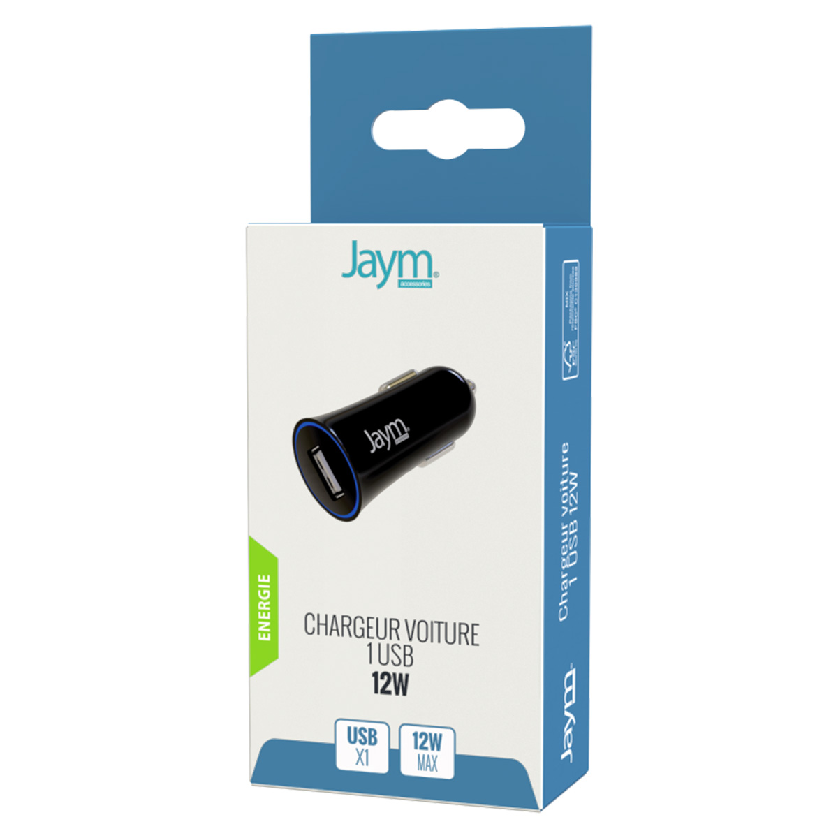 Ein Autoladegerät in einer Schachtel. Das Ladegerät ist schwarz, die Schachtel ist weiß und blau. Text enthält 'CHARGEUR VOITURE 1 USB 12W'.