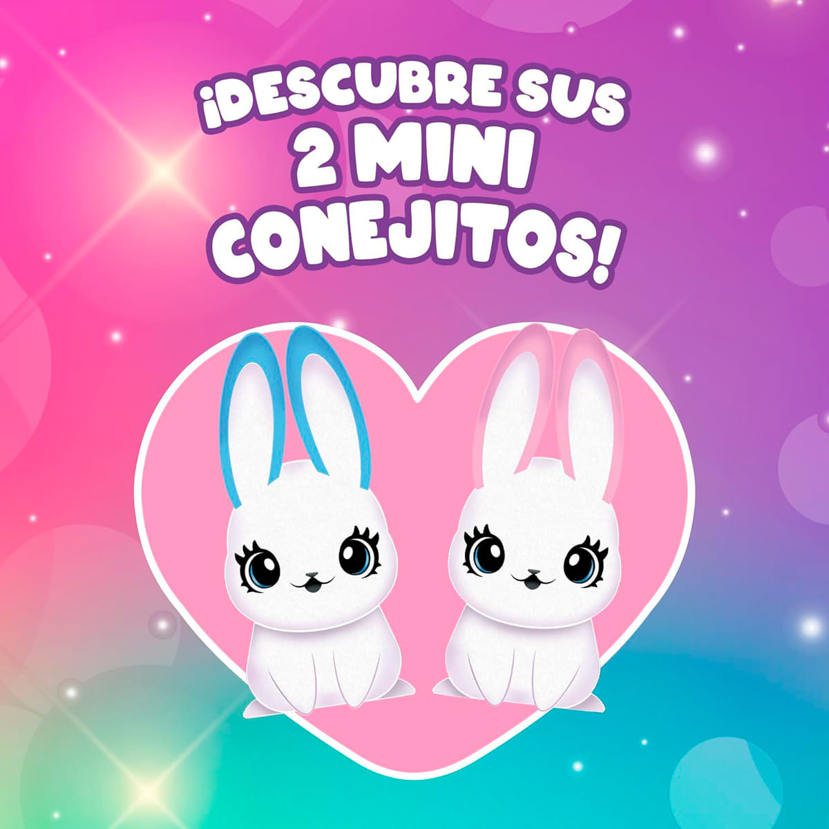 Dos conejitos blancos de dibujos animados dentro de un corazón rosa. Uno tiene orejas azules, el otro rosas. El texto dice: '¡Descubre sus 2 mini conejitos!'