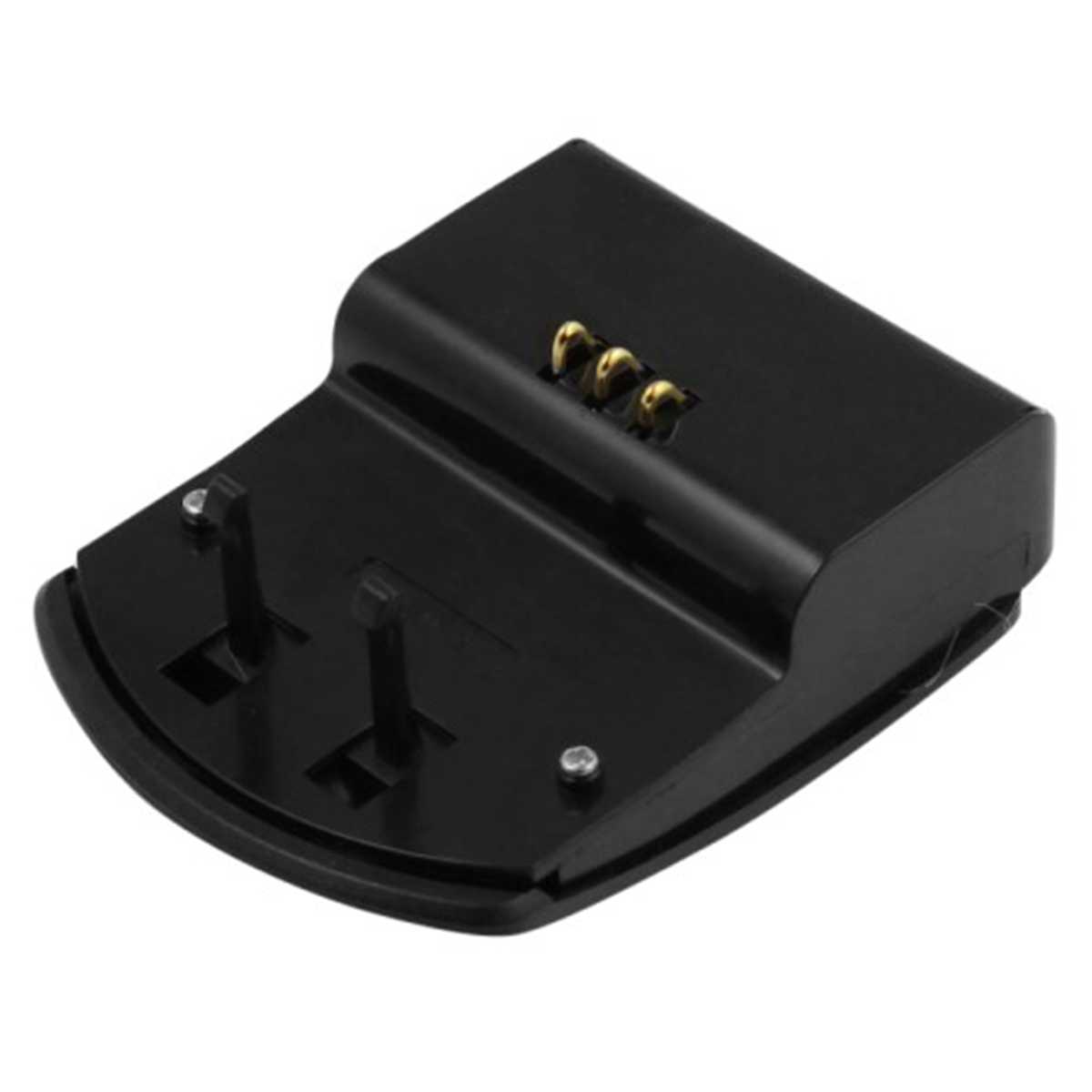 Eine schwarze Ladestation mit zwei vertikalen Stiften und drei goldenen Anschlüssen. Sie hat eine gebogene Basis und befindet sich auf weißem Hintergrund.