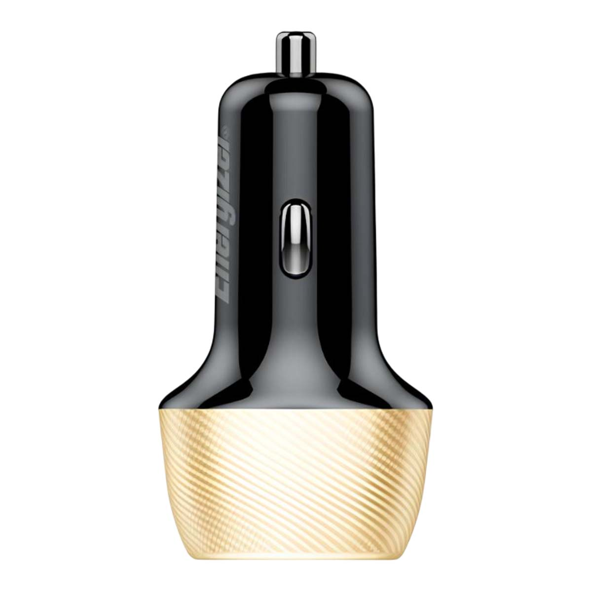 Un caricabatterie per auto nero e oro, con un pulsante argentato e una base dorata strutturata. Il logo Energizer è sul lato.