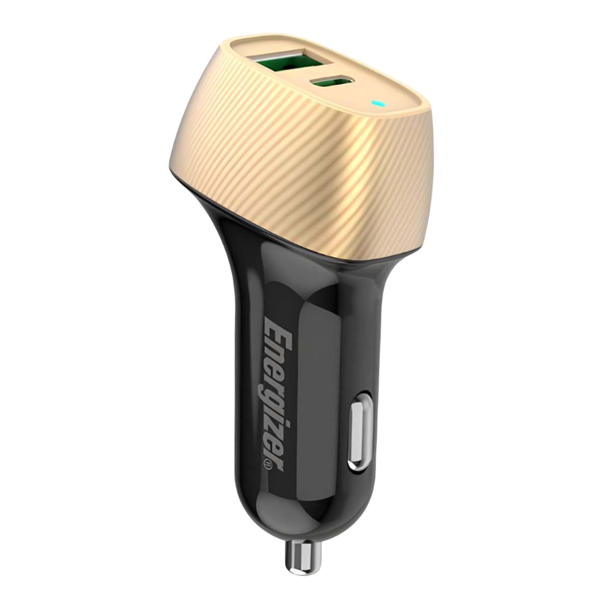 Un caricabatterie per auto con corpo nero e parte superiore dorata. La parte superiore ha due porte USB e il logo Energizer è visibile.