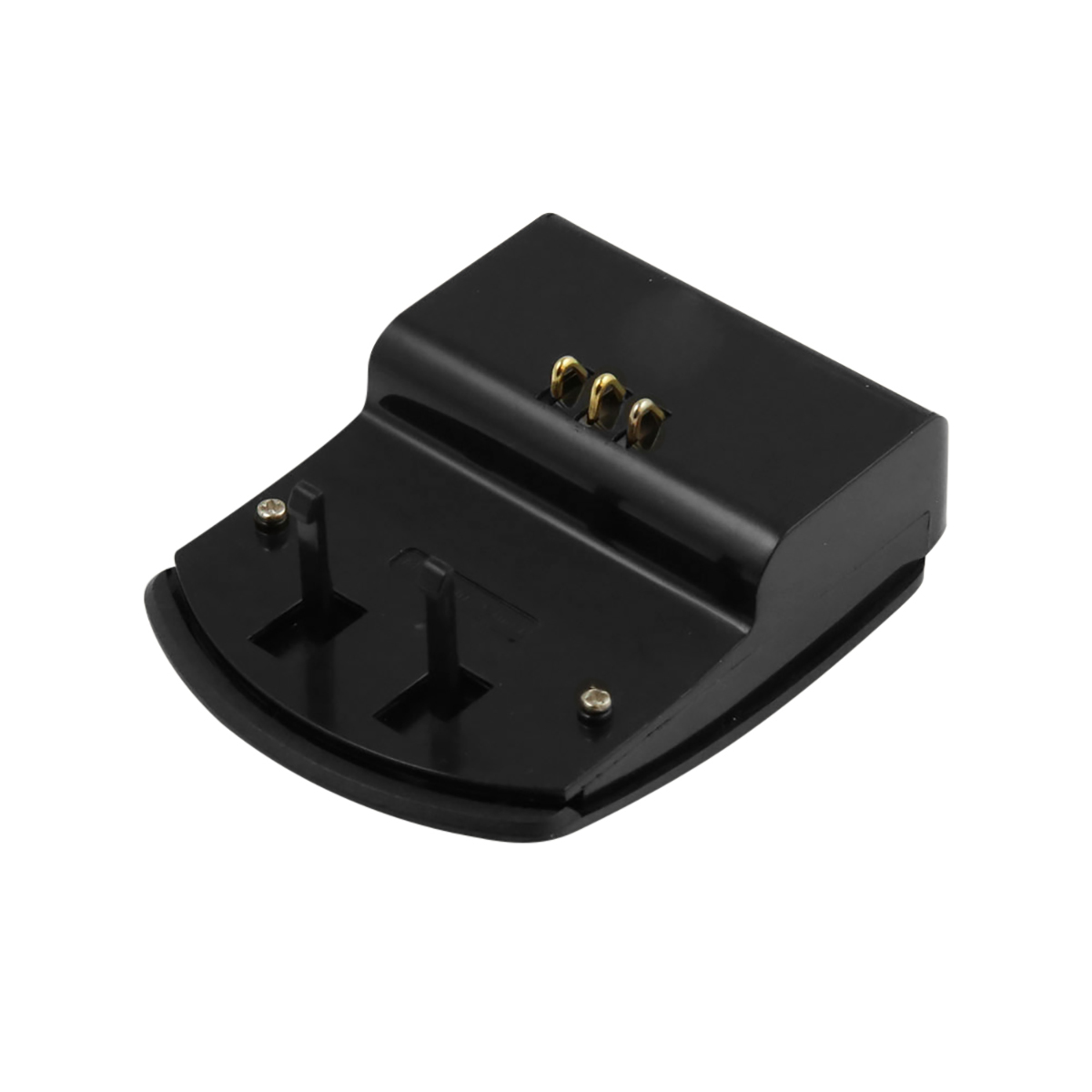 Eine schwarze Ladestation mit goldfarbenen Ladekontakten und zwei Stiften. Schrauben sichern die Basis. Der Hintergrund ist weiß.