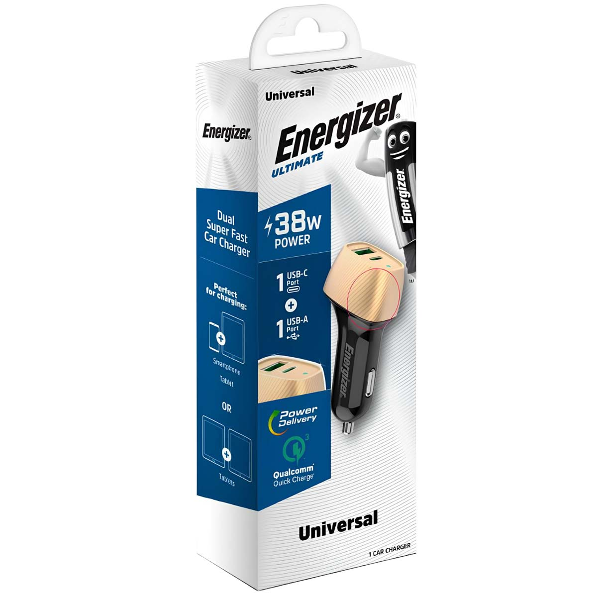 Scatola del caricabatterie per auto Energizer. Ha il caricabatterie, una porta USB-C e USB-A e dettagli sulla ricarica rapida.