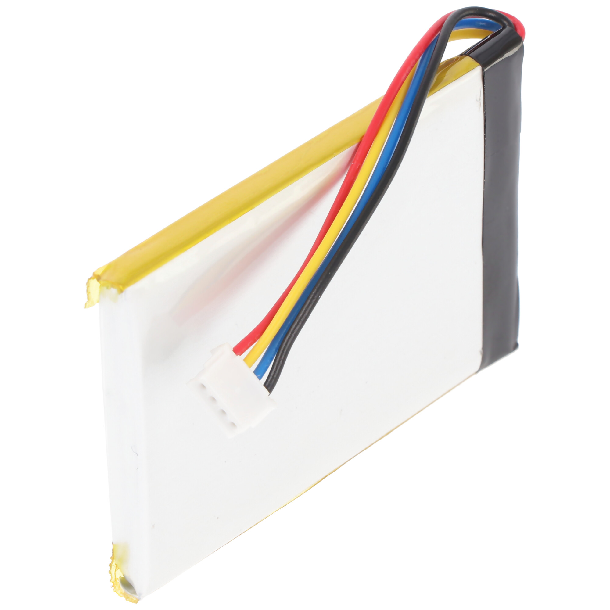 Ein weißer rechteckiger Akku mit mehrfarbigen Drähten und einem weißen Stecker. Gelbes Klebeband an der Seite.