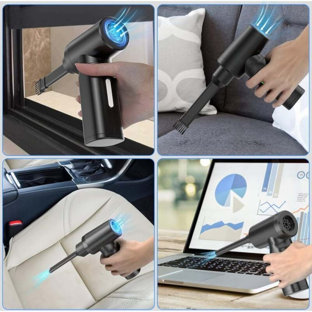 Ein handlicher schwarzer Luftstaubsauger wird an einem Fenster, einer Couch, einem Autositz und einem Laptop verwendet. Blaue Luft bläst aus der Düse.