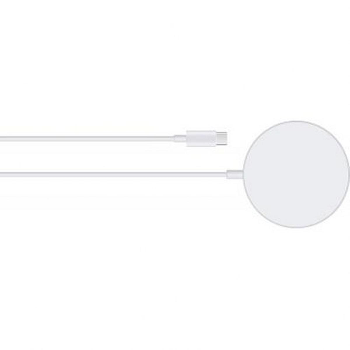 Ein weißes MagSafe-Ladegerät mit angeschlossenem Kabel. Das Ladegerät ist eine weiße Scheibe. Das Kabel hat einen USB-C-Anschluss.