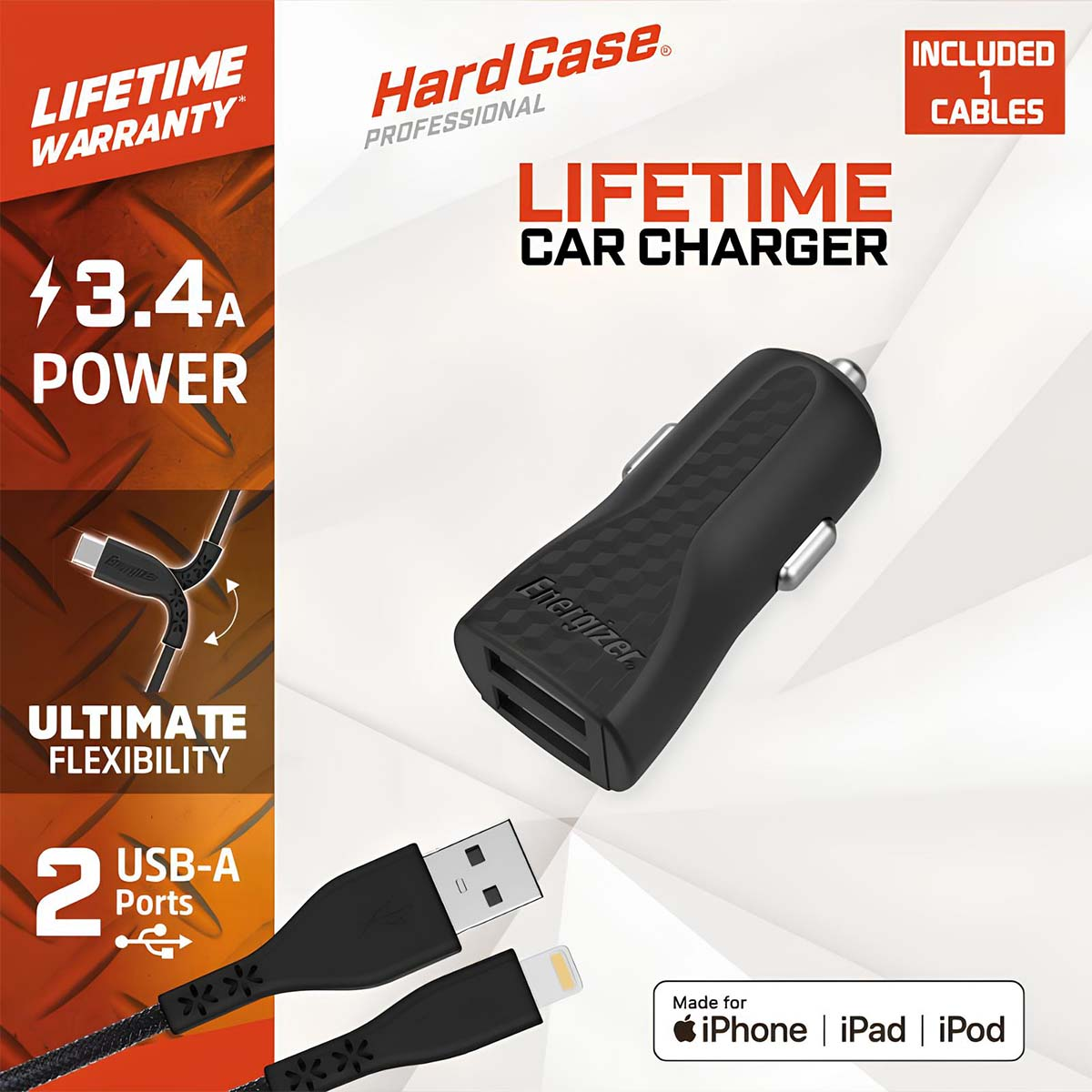 Caricabatterie per auto nero con porte USB, cavi e testo 'Lifetime Car Charger'. Include compatibilità iPhone, iPad, iPod e logo 'Energizer'.