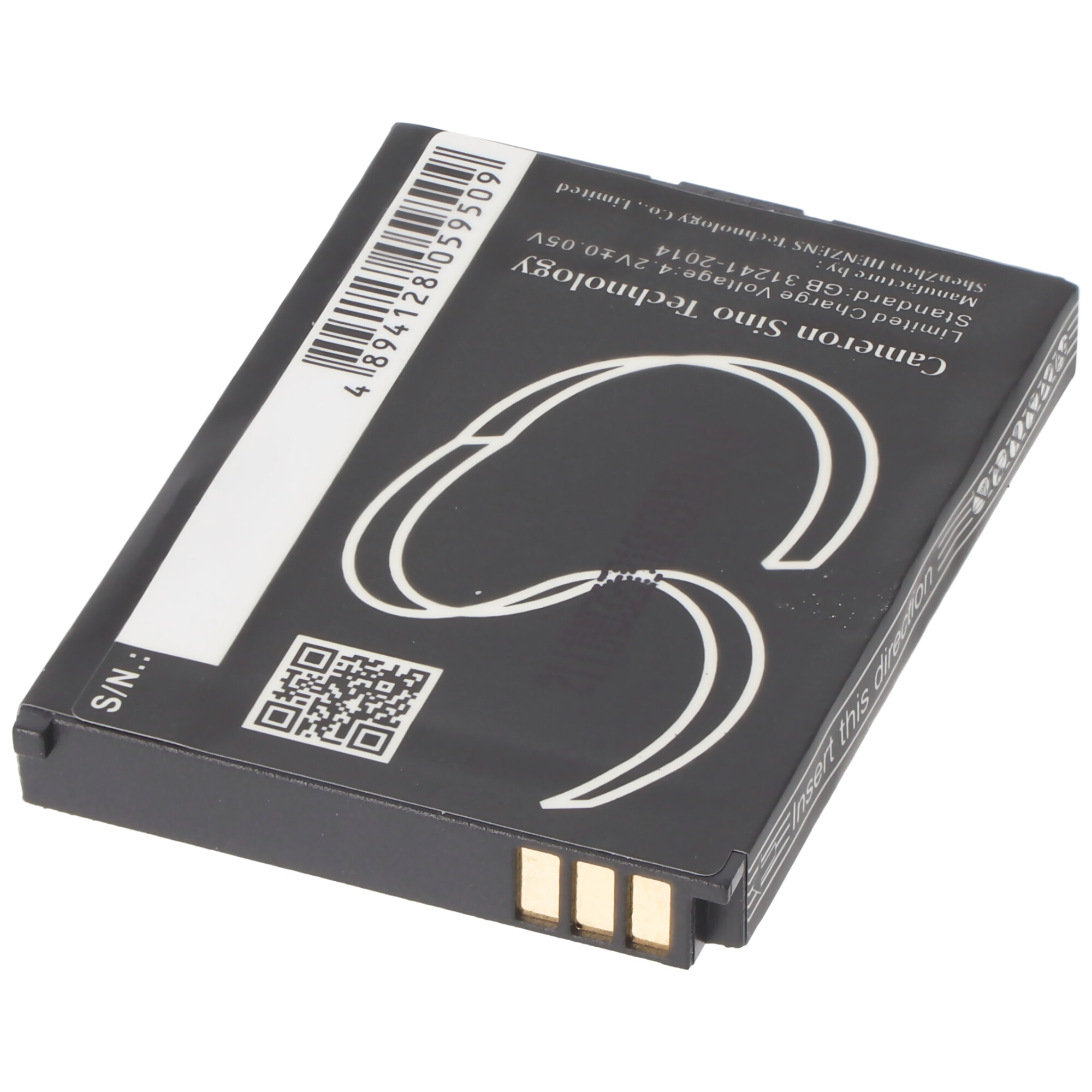 Ein schwarzes Batteriepack mit weißem Text und Grafiken. Es hat goldene Anschlüsse und einen weißen Hintergrund.
