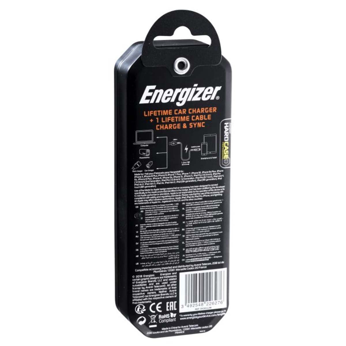 Confezione nera del caricabatterie per auto Energizer. Il testo include "Lifetime Car Charger" e diagrammi di dispositivi.