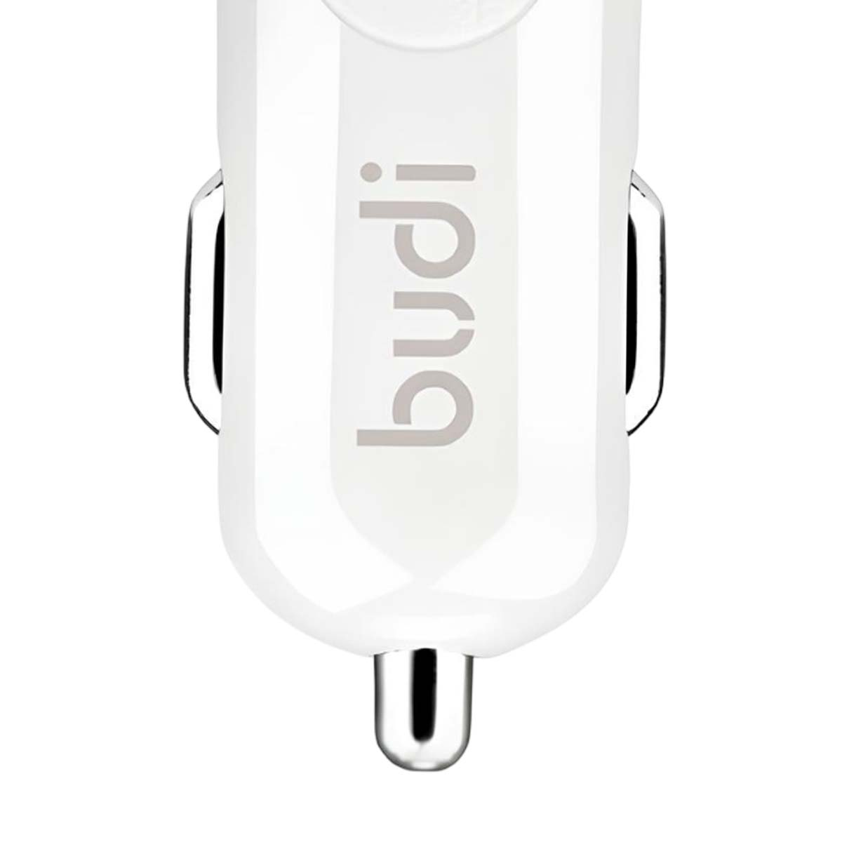 Un caricabatterie per auto bianco con la scritta 'budi' stampata sopra. Il caricabatterie ha una porta USB in basso.