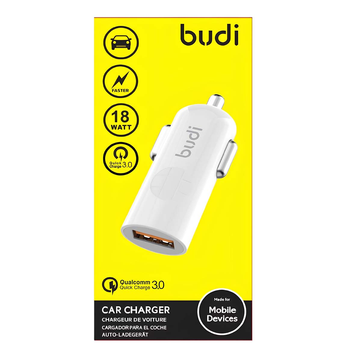 Un caricabatterie per auto bianco con il marchio 'budi'. Ha icone per auto, fulmine, 18 watt e ricarica rapida 3.0. La confezione è gialla e bianca.