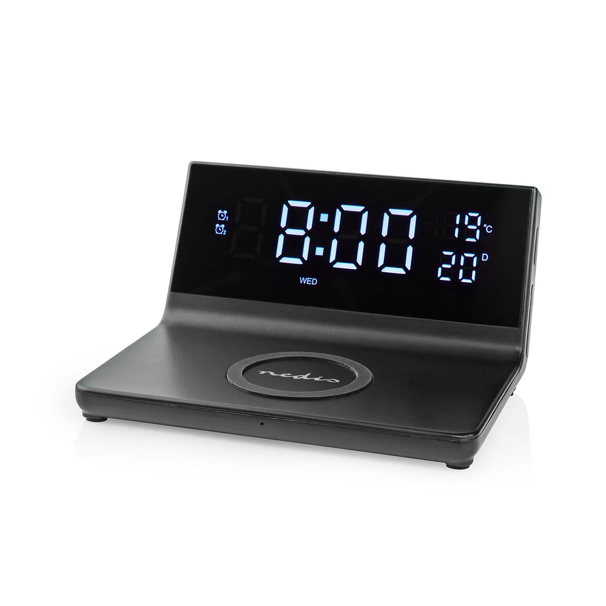 Sveglia digitale nera che mostra le 8:00, mercoledì, 19°C e 20°D. Una base di ricarica wireless è alla base.