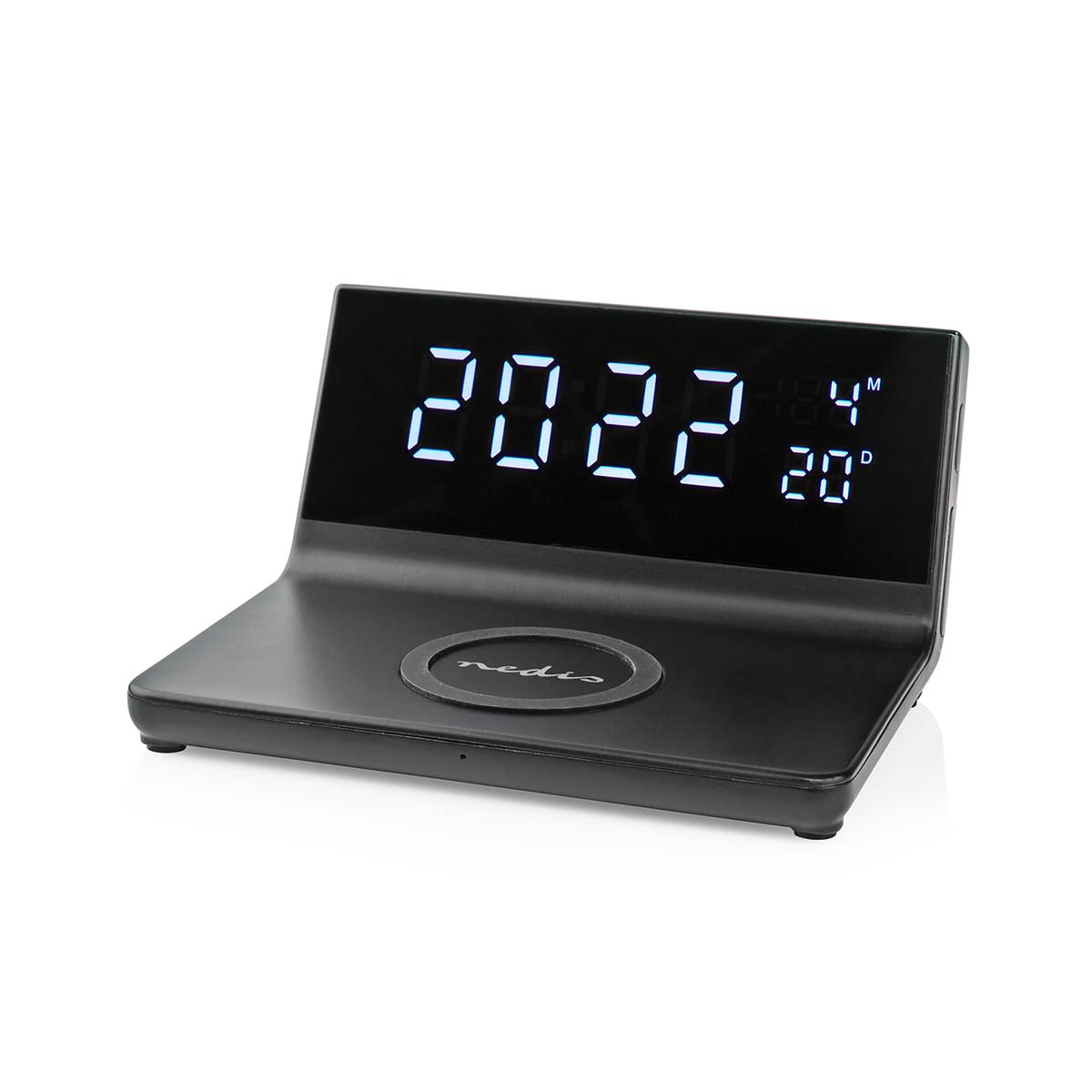 Orologio digitale nero che mostra 2022, ora e temperatura. L'orologio ha un caricabatterie wireless. Il marchio è visibile.