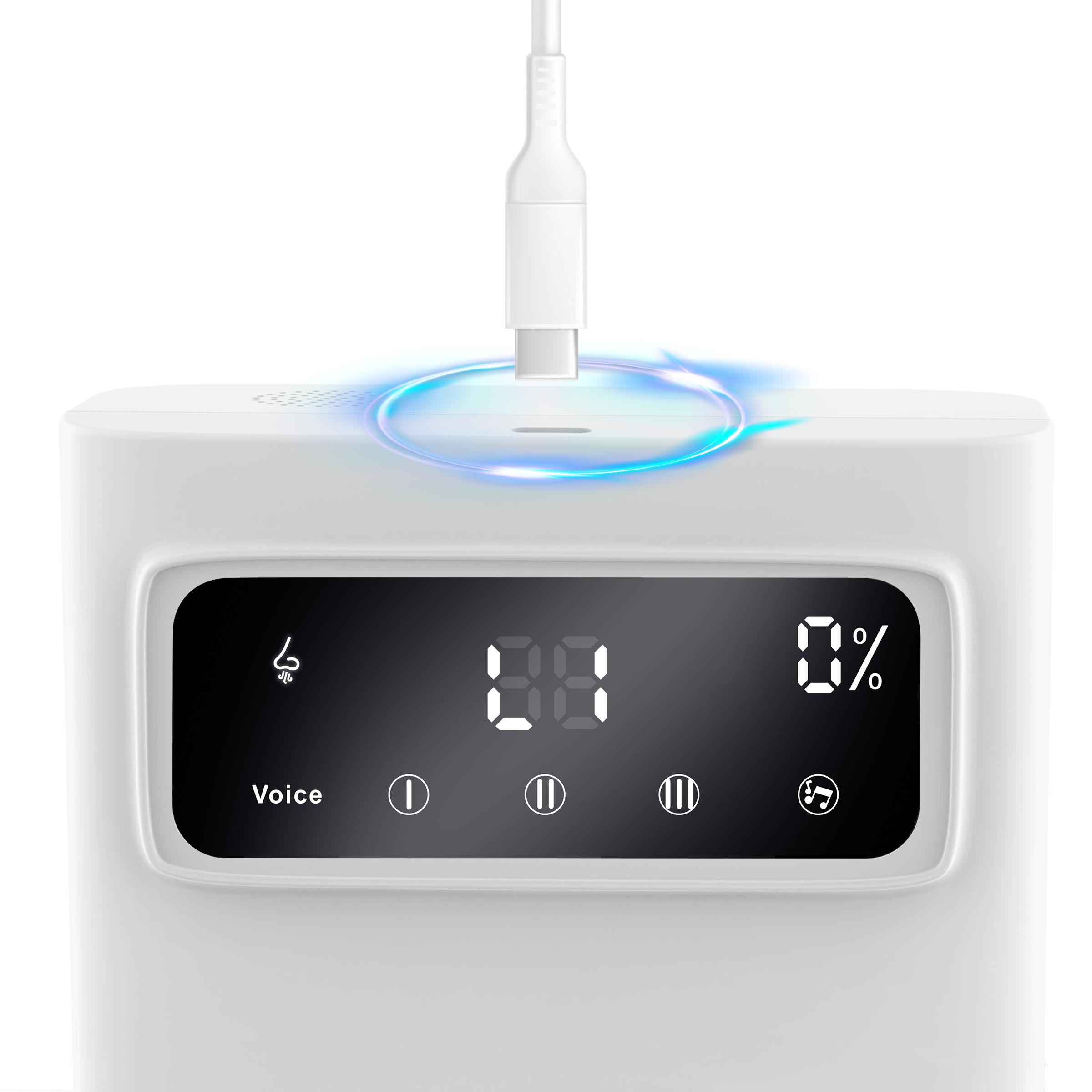 Białe urządzenie z cyfrowym wyświetlaczem pokazującym '88' i '0%'. Podłączony jest kabel USB i wskazana jest kontrola głosowa.