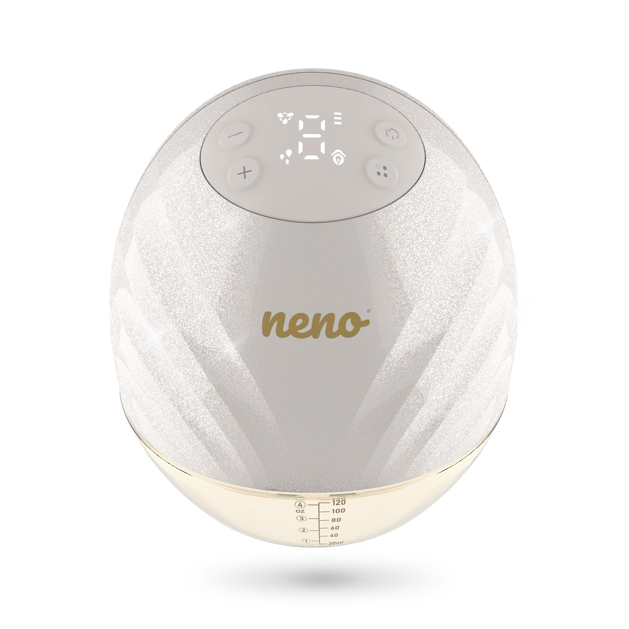 Eine weiße und goldene Brustpumpe mit Digitalanzeige und Knöpfen. Der Markenname lautet 'neno'.