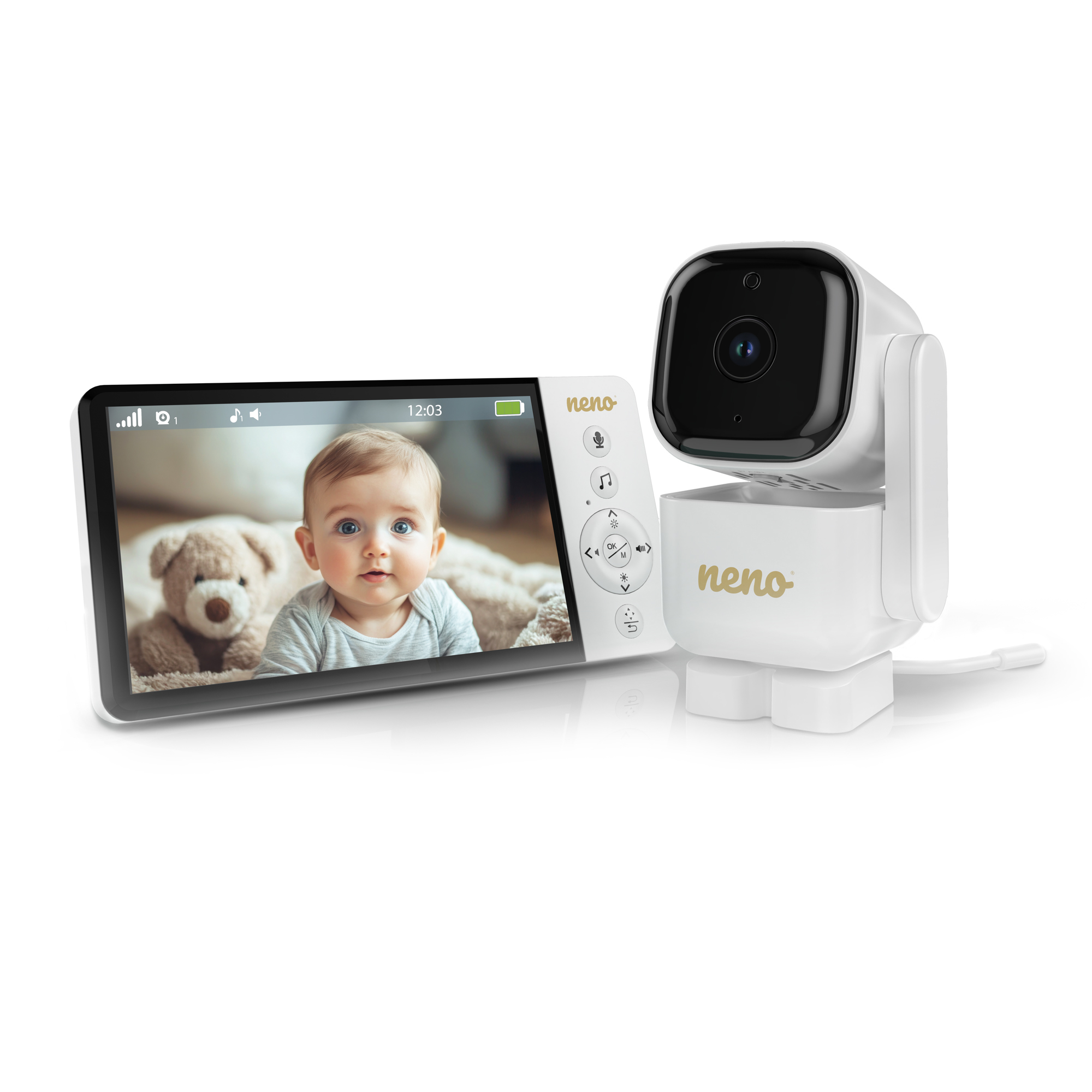 Ein Babyphone mit Bildschirm, der ein Baby mit Teddybär zeigt. Eine Kamera ist ebenfalls vorhanden.