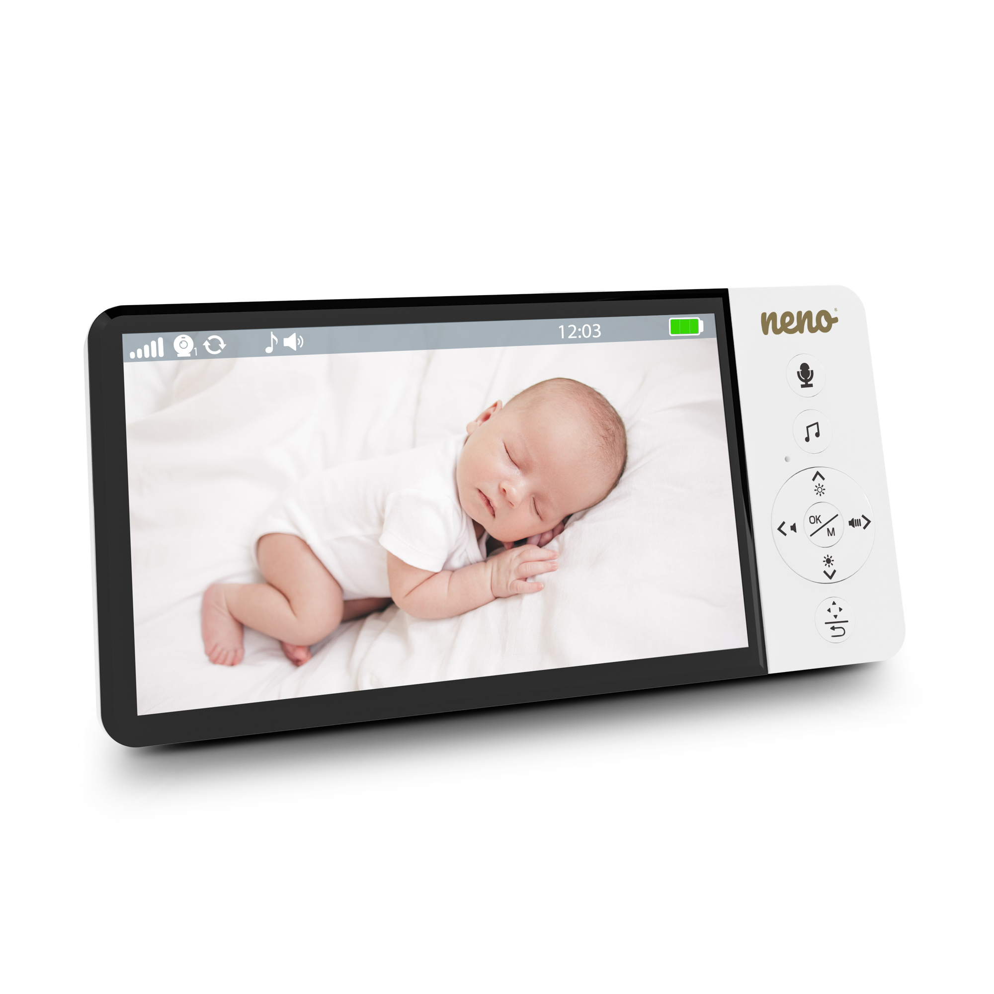 Ein Babyphone zeigt ein schlafendes Baby auf einem weißen Bettlaken. Der Monitor ist weiß und schwarz mit Steuertasten.