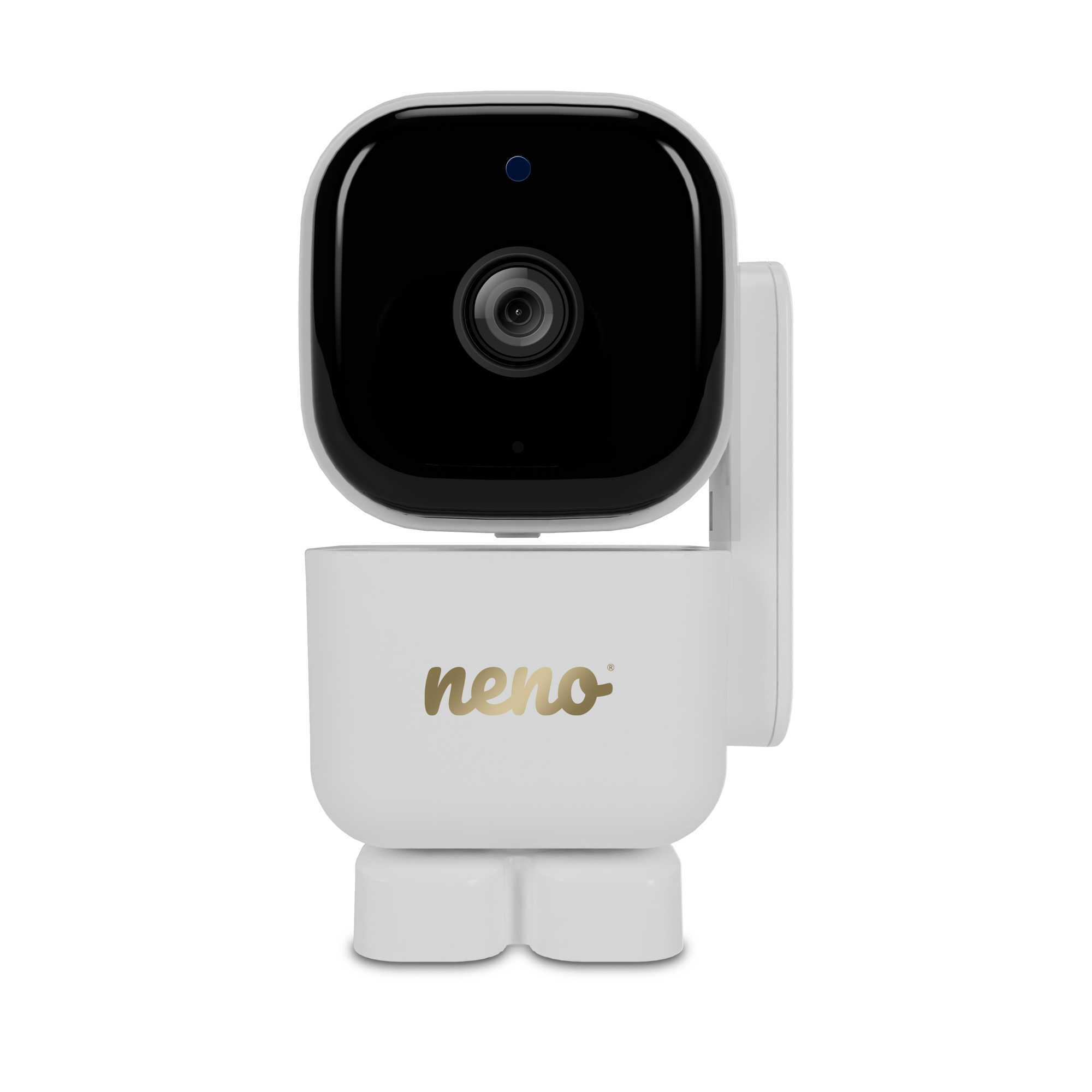 Weiß-schwarzer Baby-Monitor. Die Kamera hat eine Linse und ein blaues Licht. Der Markenname 'neno' ist goldfarben.