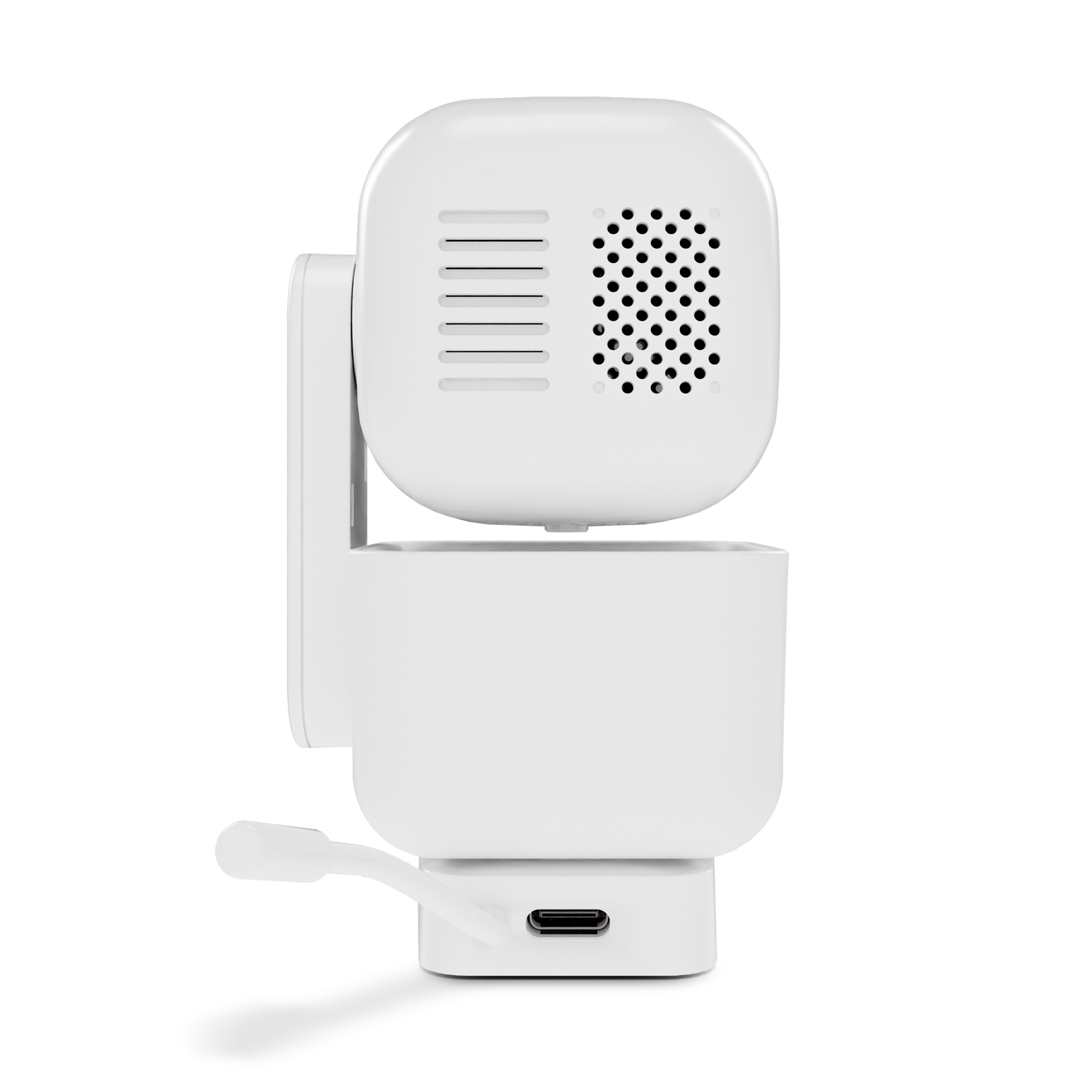 Eine weiße Überwachungskamera. Sie hat eine abgerundete Oberseite mit einem Lautsprecher und einen unteren Bereich mit USB-Anschluss.