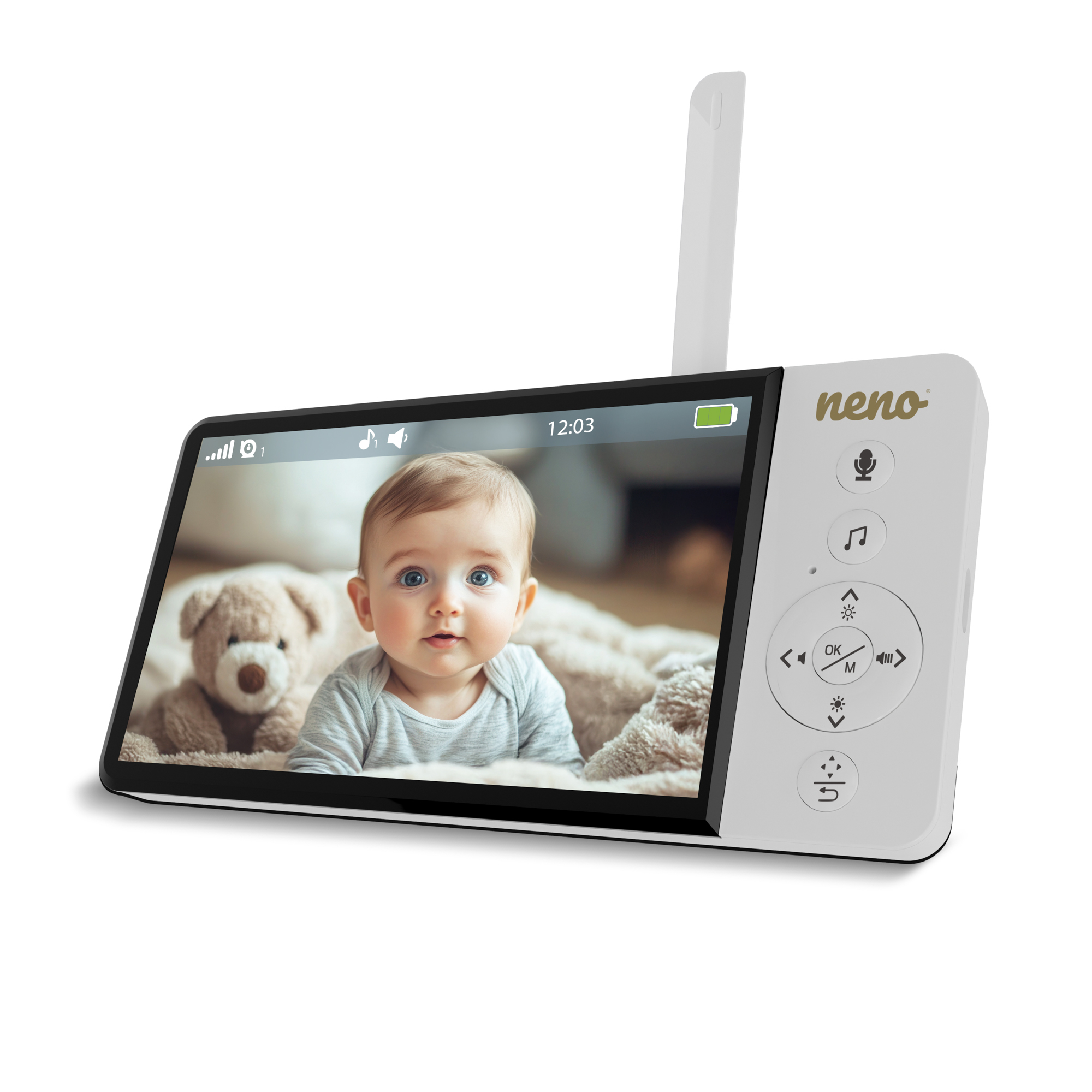 Babyphone zeigt ein Baby und einen Teddybären. Das Gerät ist weiß mit Knöpfen und einem Bildschirm, der das Baby zeigt.