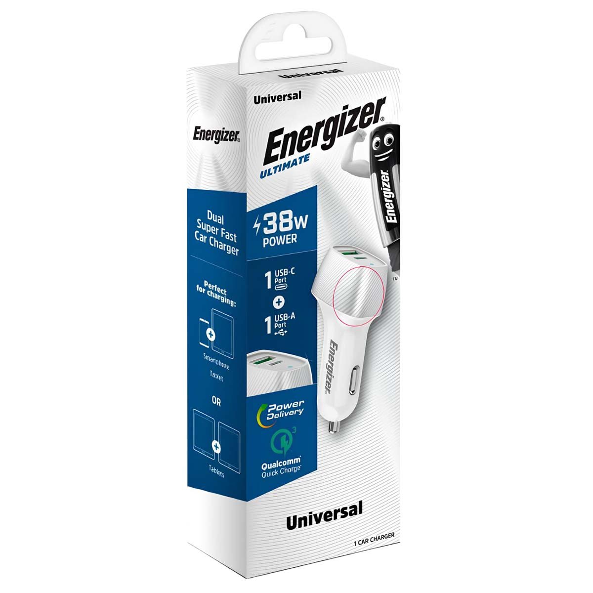 Energizer-Autoladegerät-Box. Sie hat weiße und blaue Farben. Der Text lautet 'Dual Super Fast Car Charger', '438w Power' und 'Universal'.