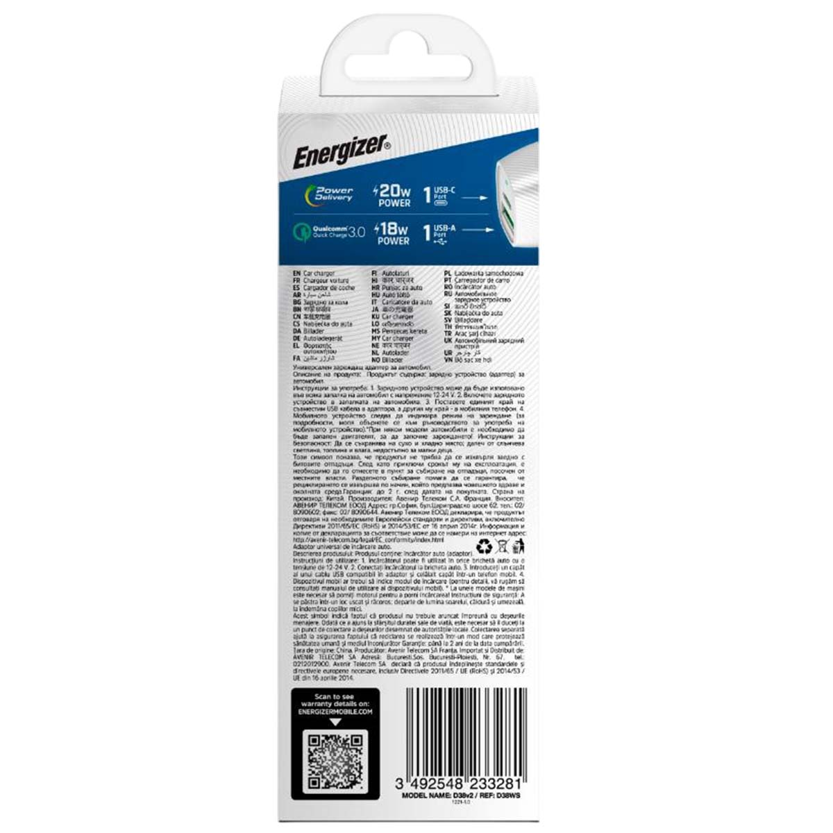 Energizer-Autoladegerät-Verpackung. Weiß mit blauem und grauem Text. Zeigt USB-Anschlüsse und Leistungsdaten.