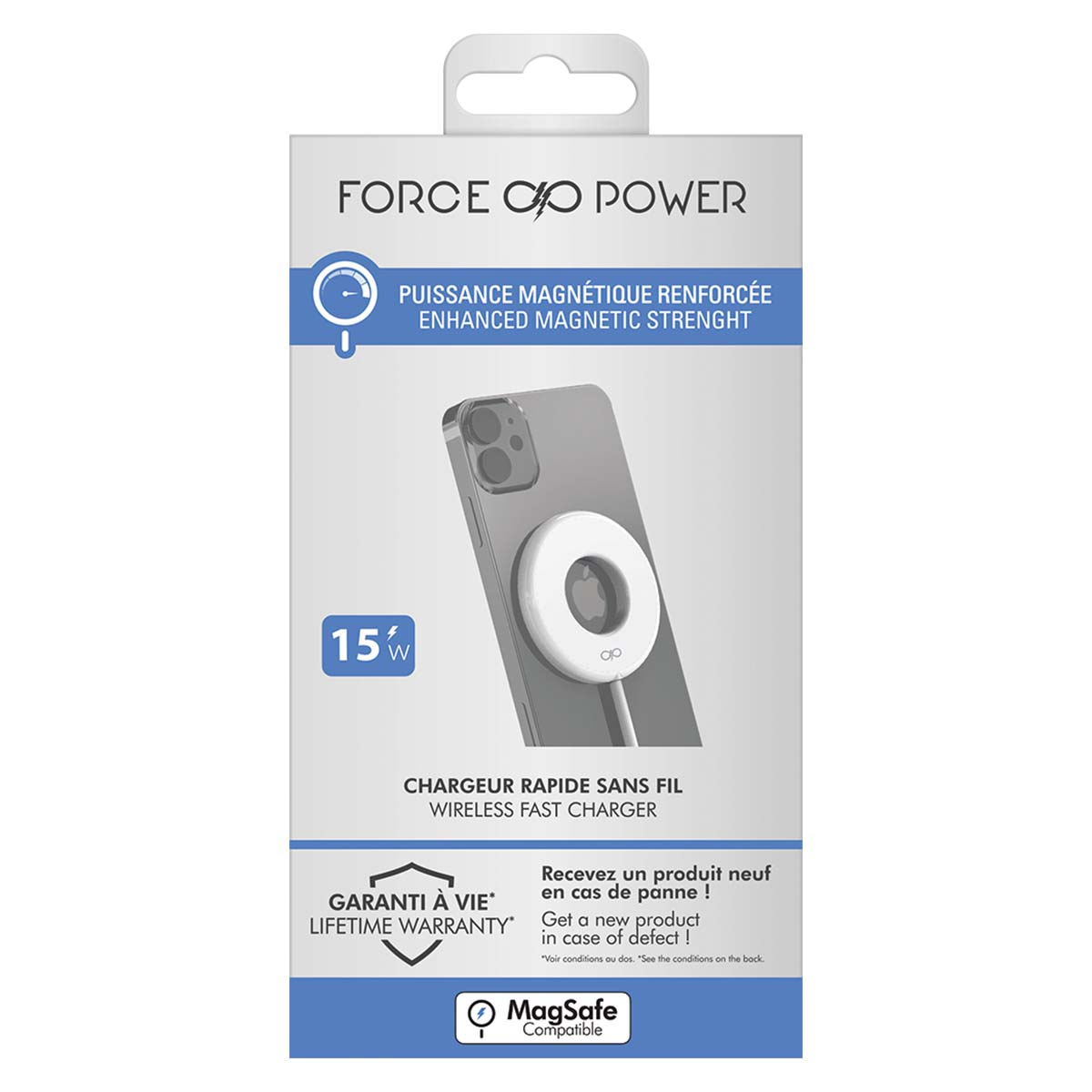 Eine weiße und graue kabellose Ladegerätbox mit einem Telefonbild. Der Text enthält 'FORCE POWER' und 'WIRELESS FAST CHARGER'.