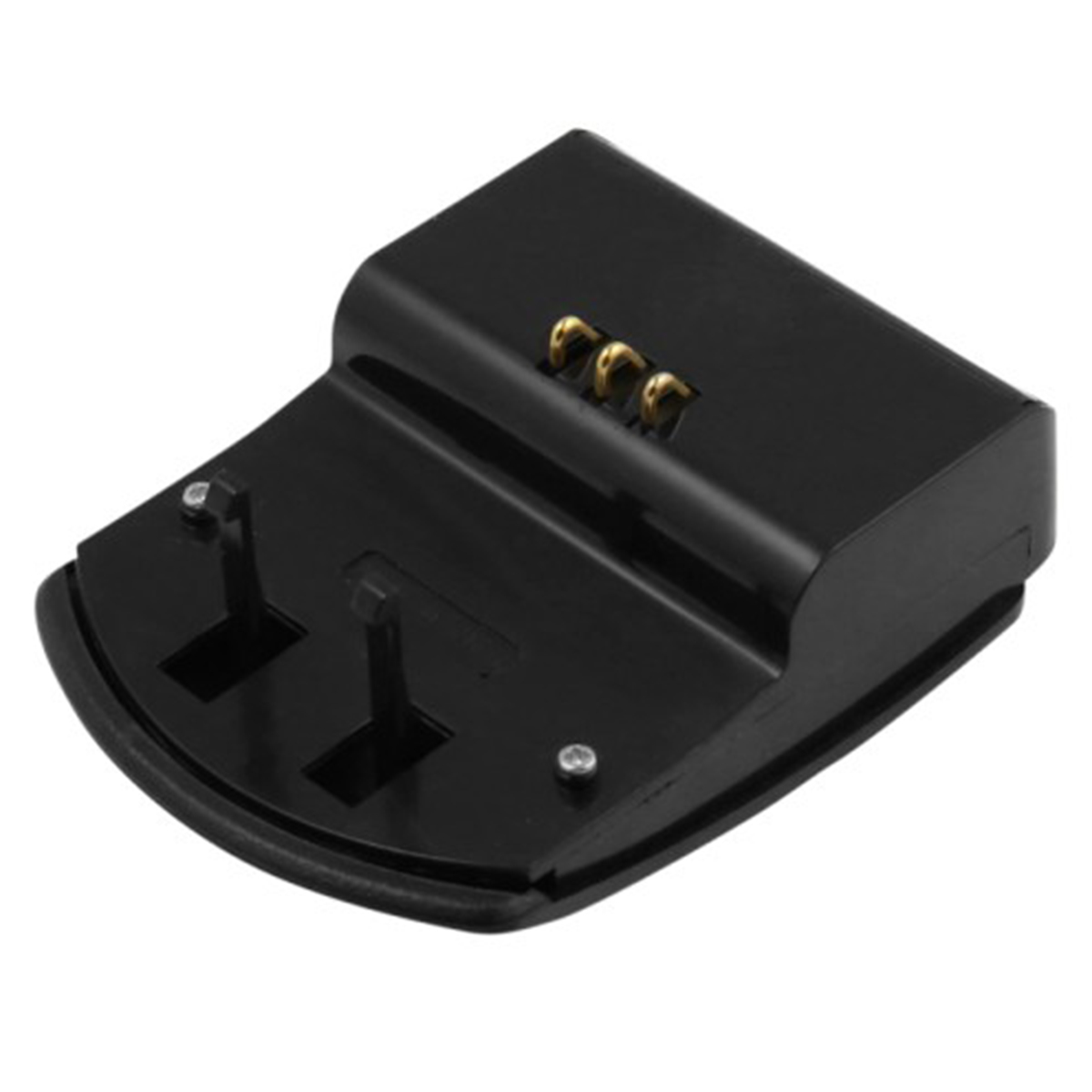 Eine schwarze Ladestation mit zwei Stiften und drei goldfarbenen Anschlüssen. Zwei Schrauben sichern sie. Gebogenes Basisdesign.